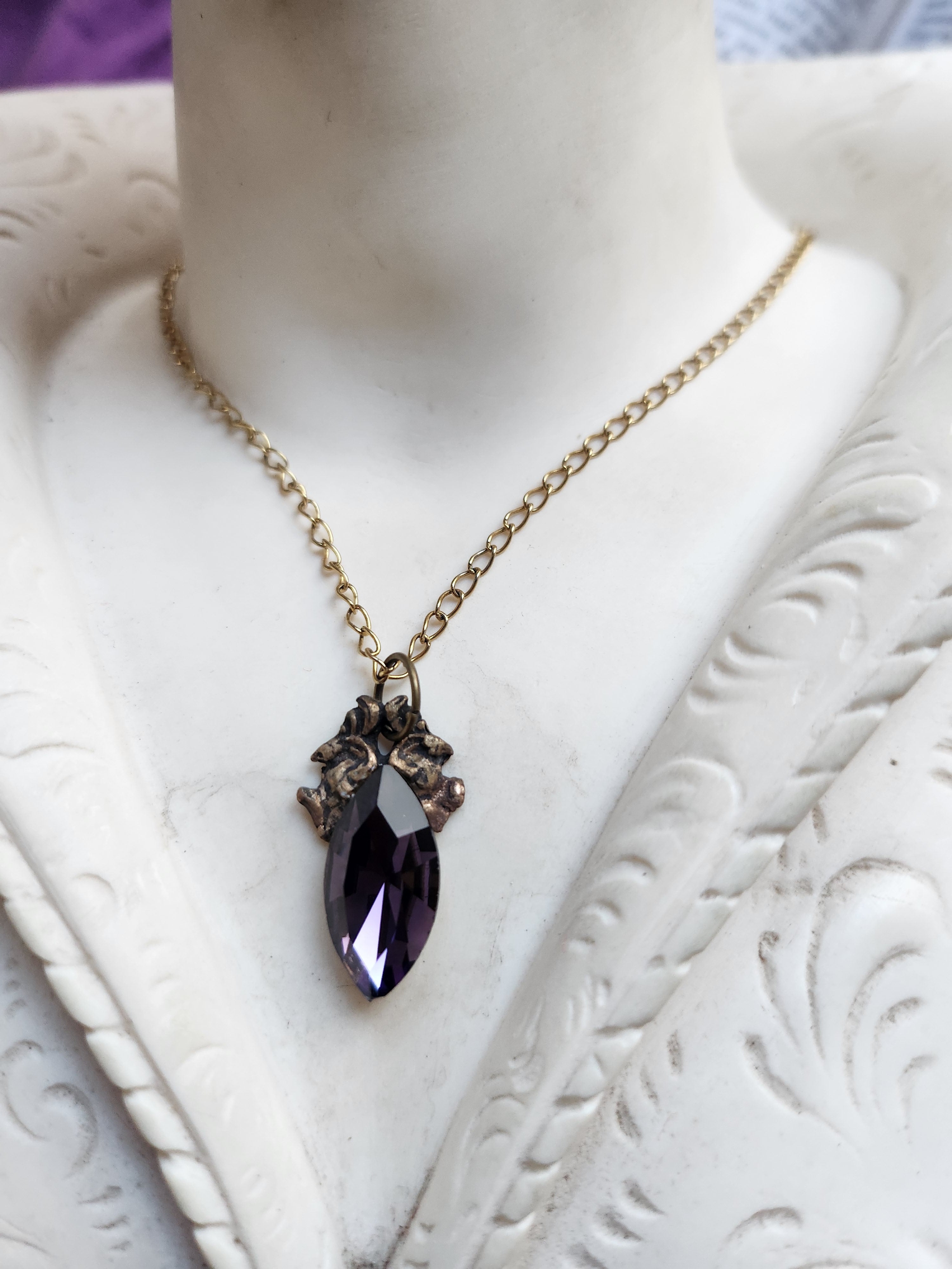 Arcane Resonance Collection – Handmade Bronze Pendant with Purple Navette Crystal