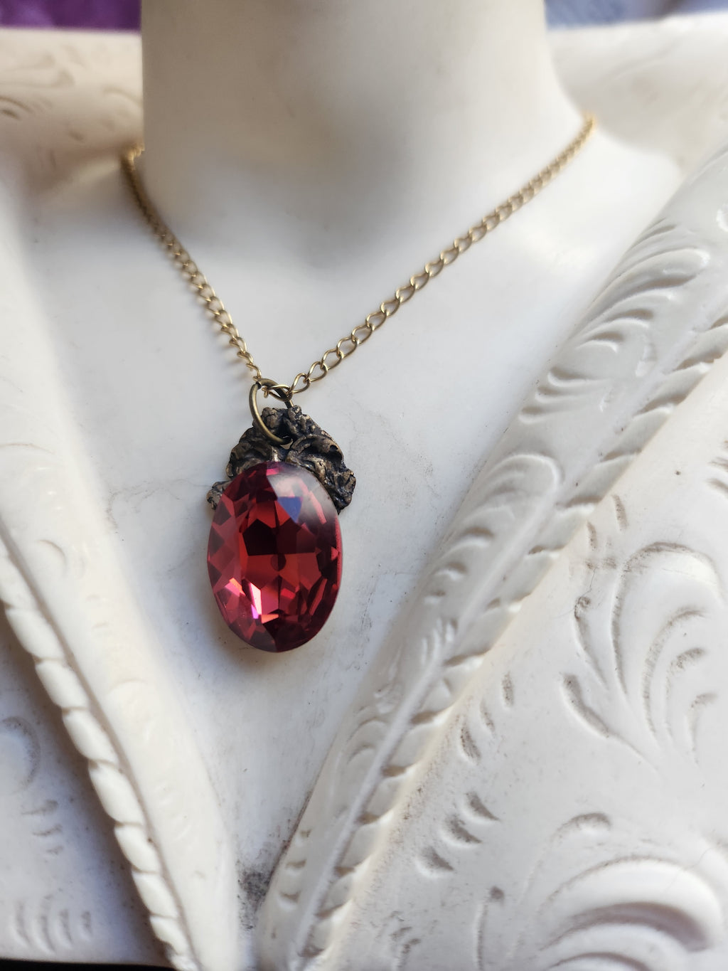 Arcane Resonance Collection – Small Handmade Bronze Pendant with Light Red Oval Crystal