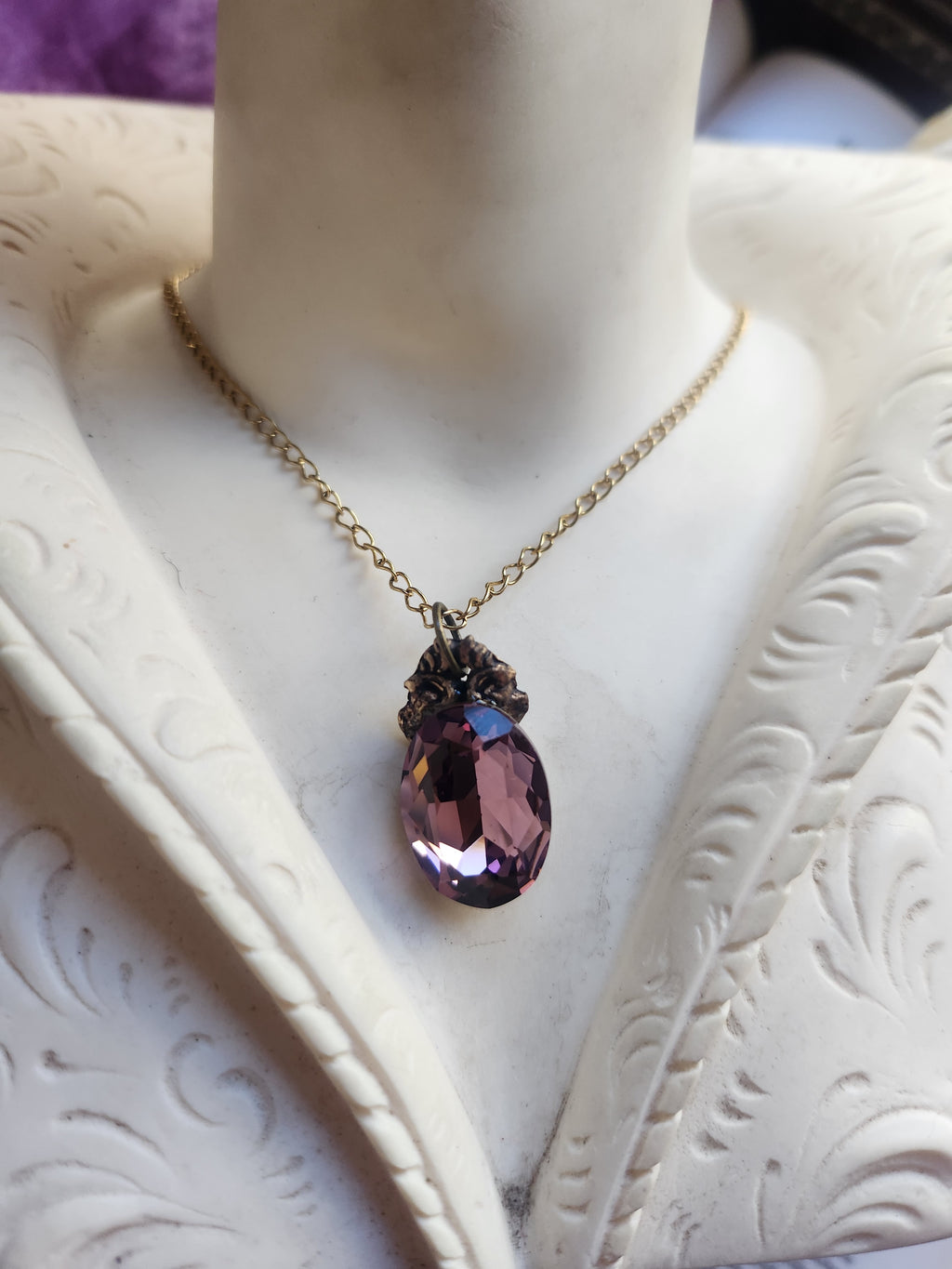 Arcane Resonance Collection – Small Handmade Bronze Pendant with Dusty Rose Oval Crystal