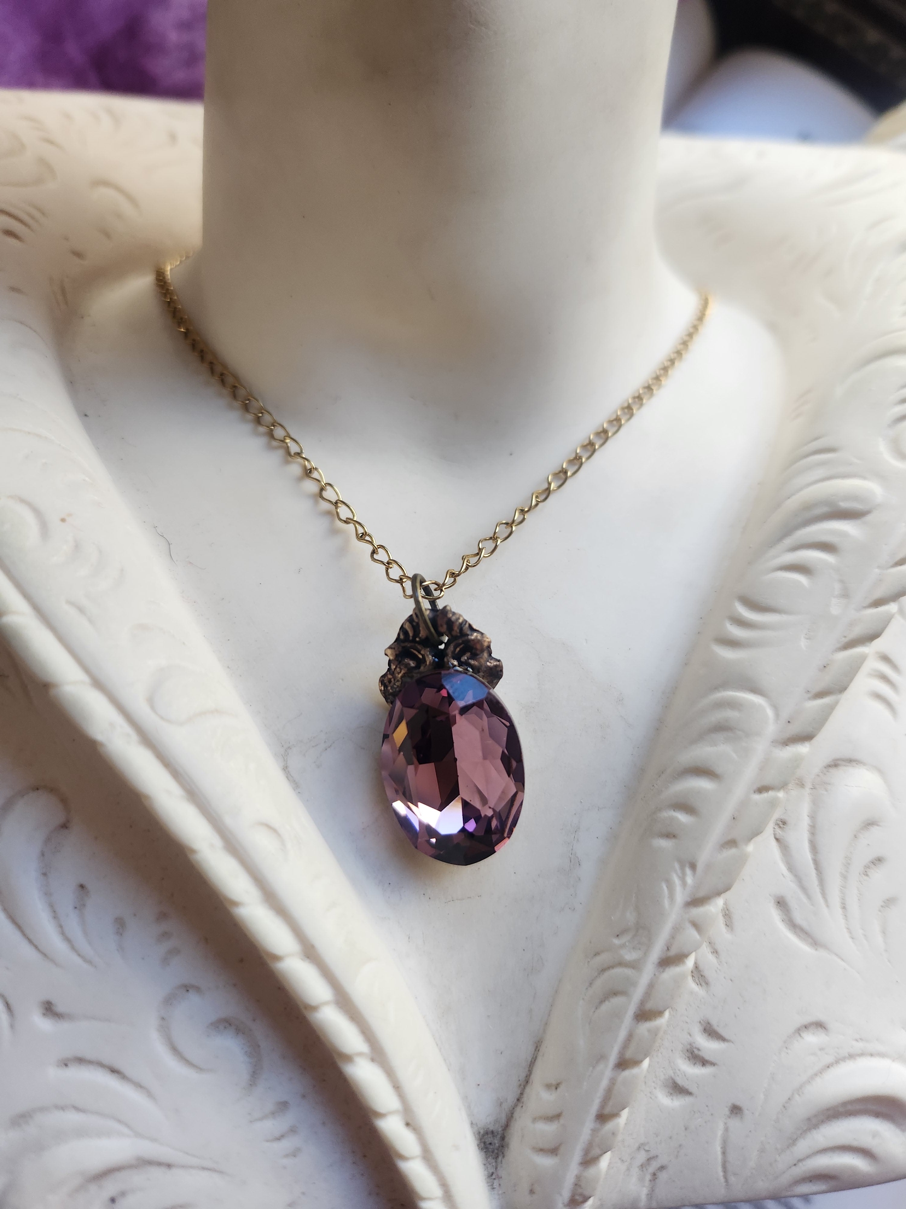Arcane Resonance Collection – Small Handmade Bronze Pendant with Dusty Rose Oval Crystal