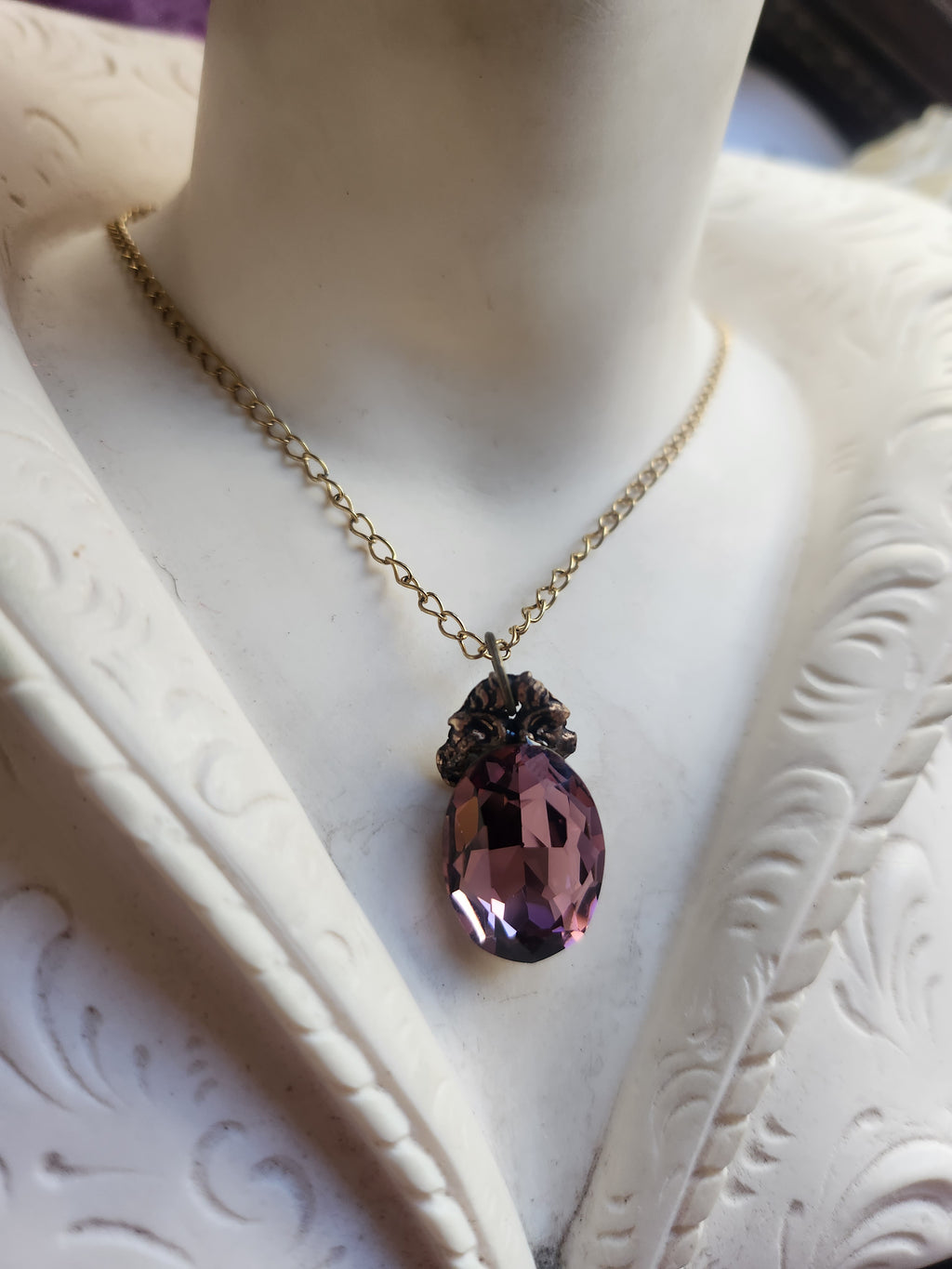 Arcane Resonance Collection – Small Handmade Bronze Pendant with Dusty Rose Oval Crystal