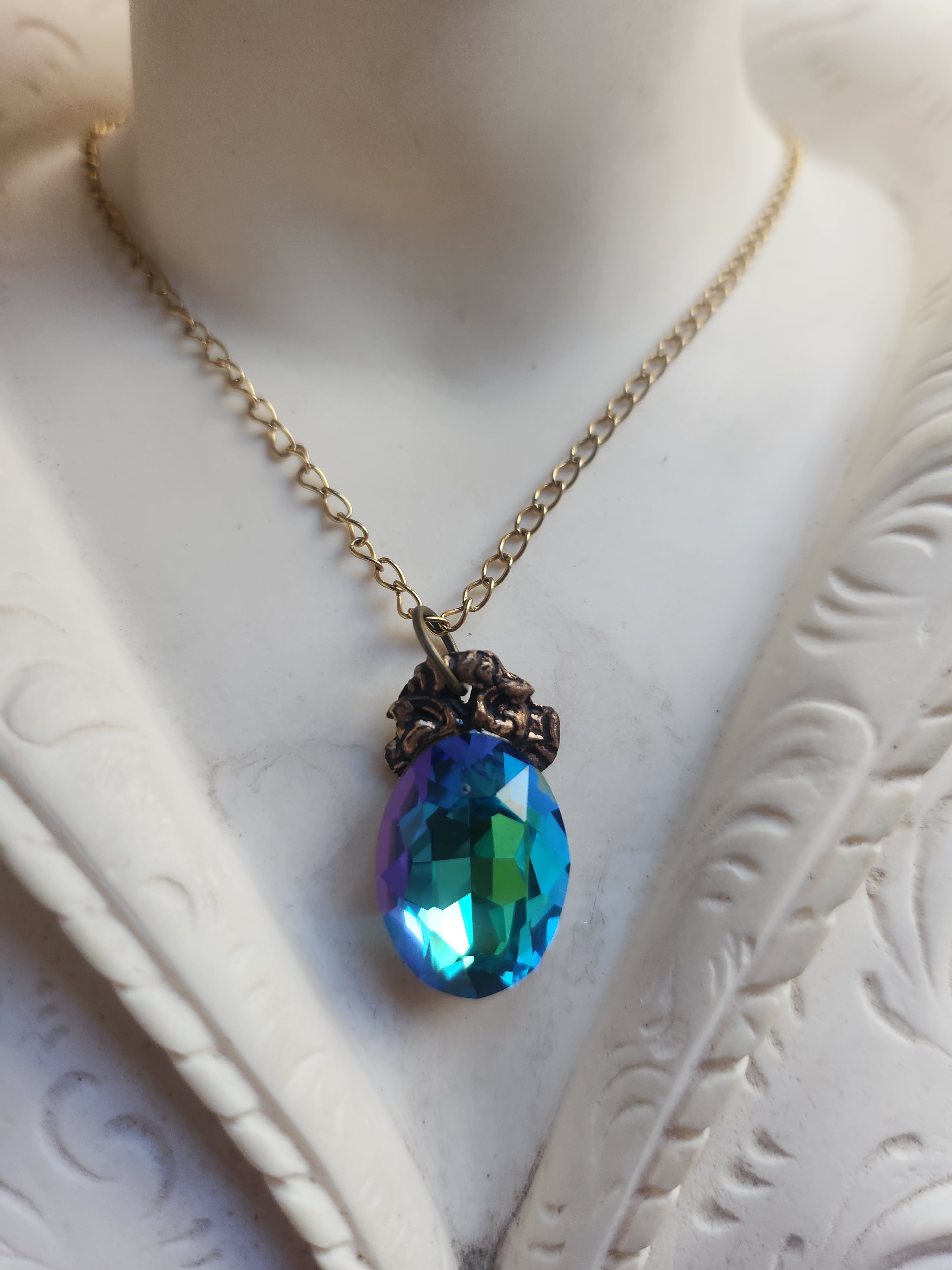 Arcane Resonance Collection – Small Handmade Bronze Pendant with Blue and Green Oval Crystal