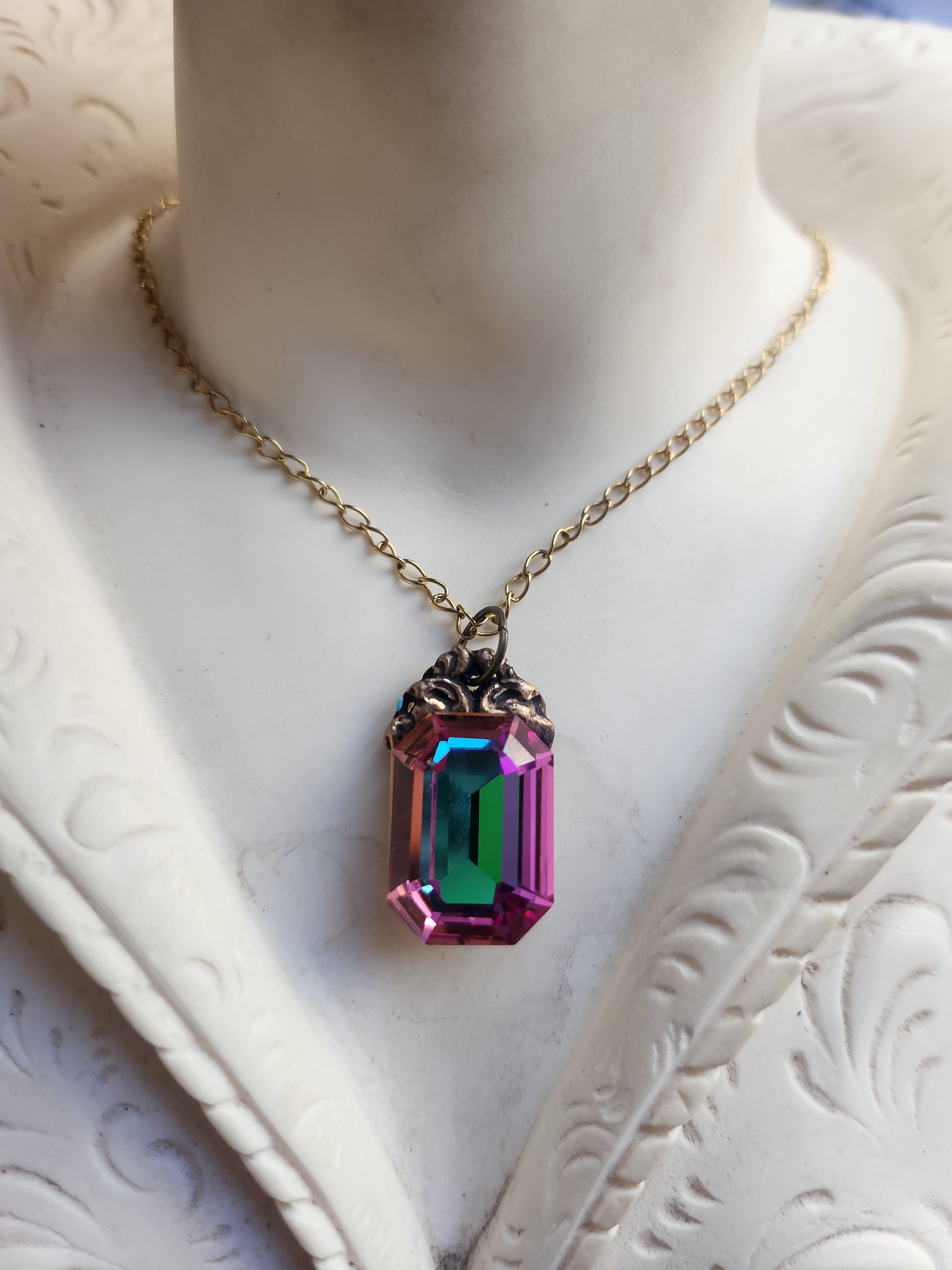 Arcane Resonance Collection – Handmade Bronze Pendant with Multicolor Octagon Crystal