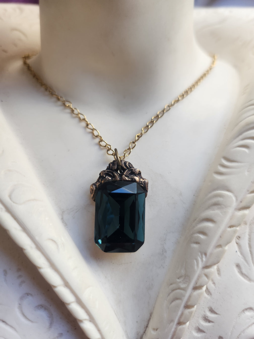 Arcane Resonance Collection – Handmade Bronze Pendant with Deep Teel Octagon Crystal