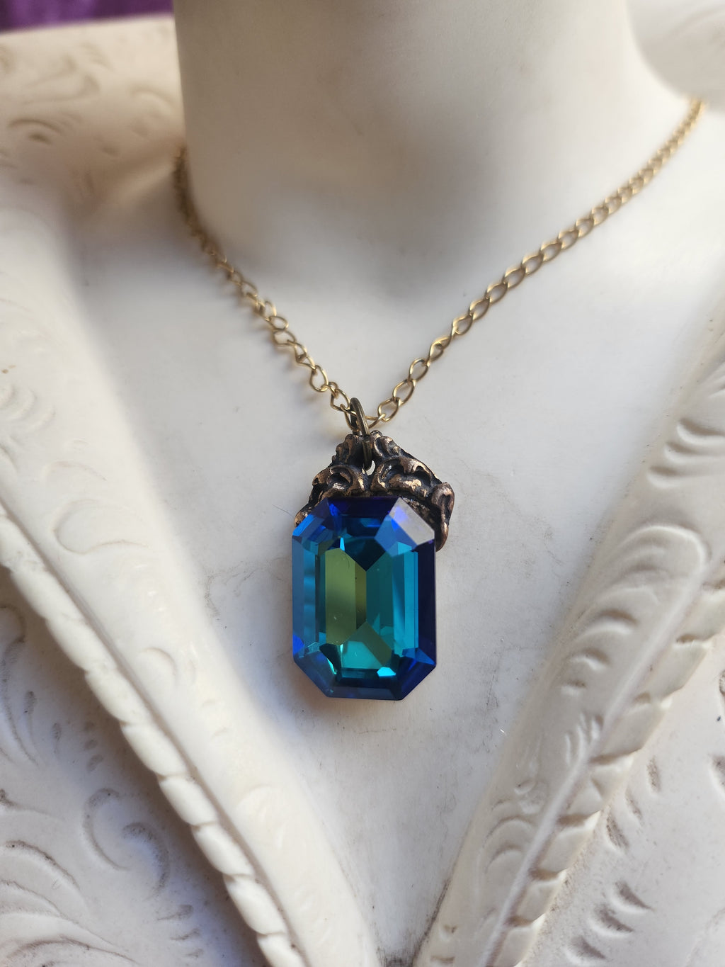 Arcane Resonance Collection – Handmade Bronze Pendant with Blue and Green Octagon Crystal