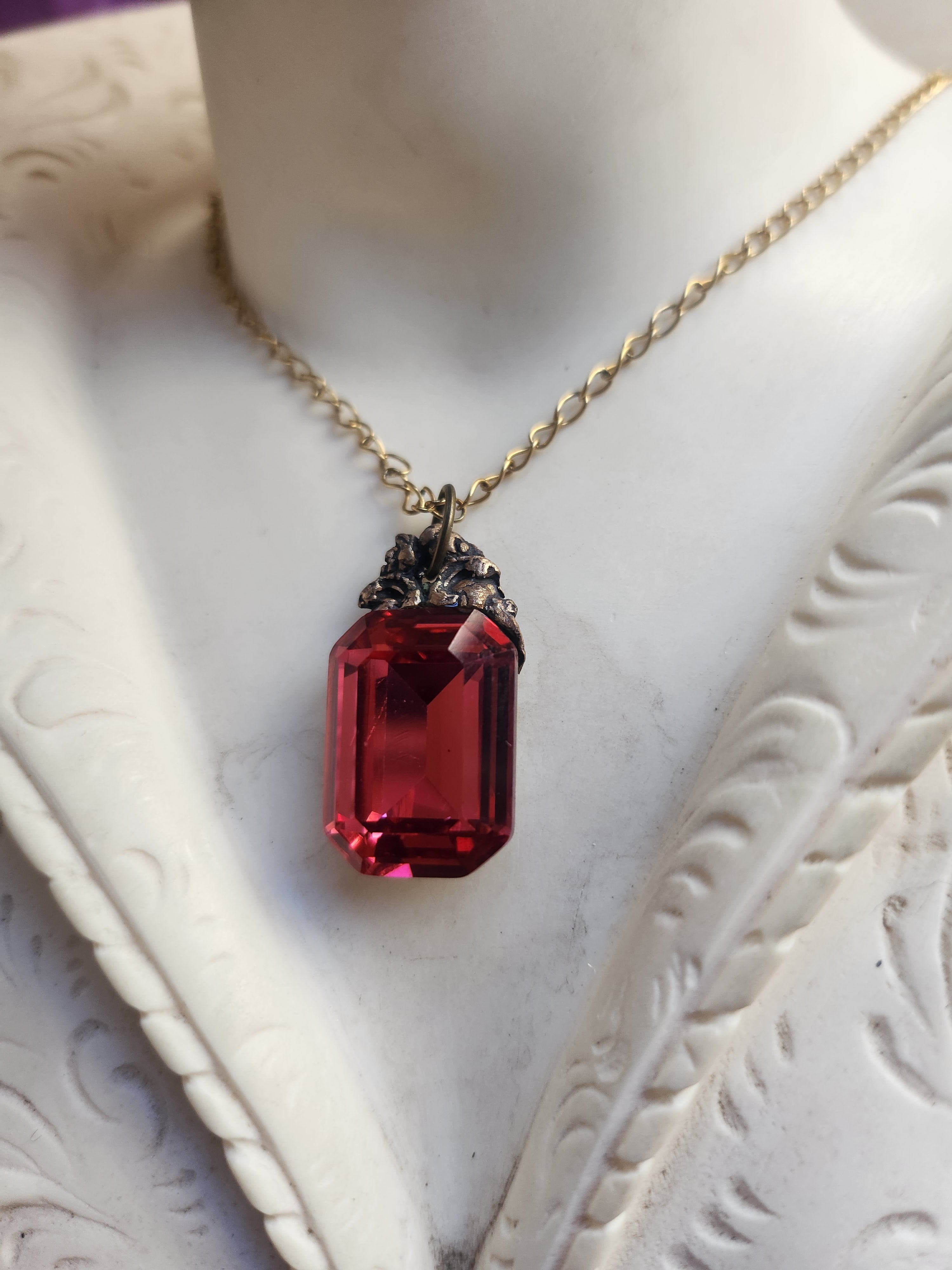 Arcane Resonance Collection – Handmade Bronze Pendant with Red Octagon Crystal