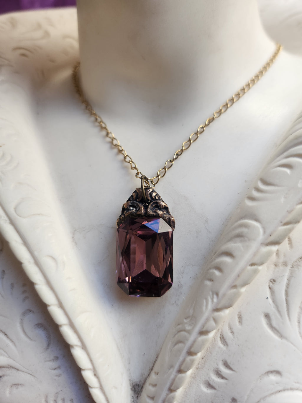 Arcane Resonance Collection – Handmade Bronze Pendant with Dusty Rose Octagon Crystal