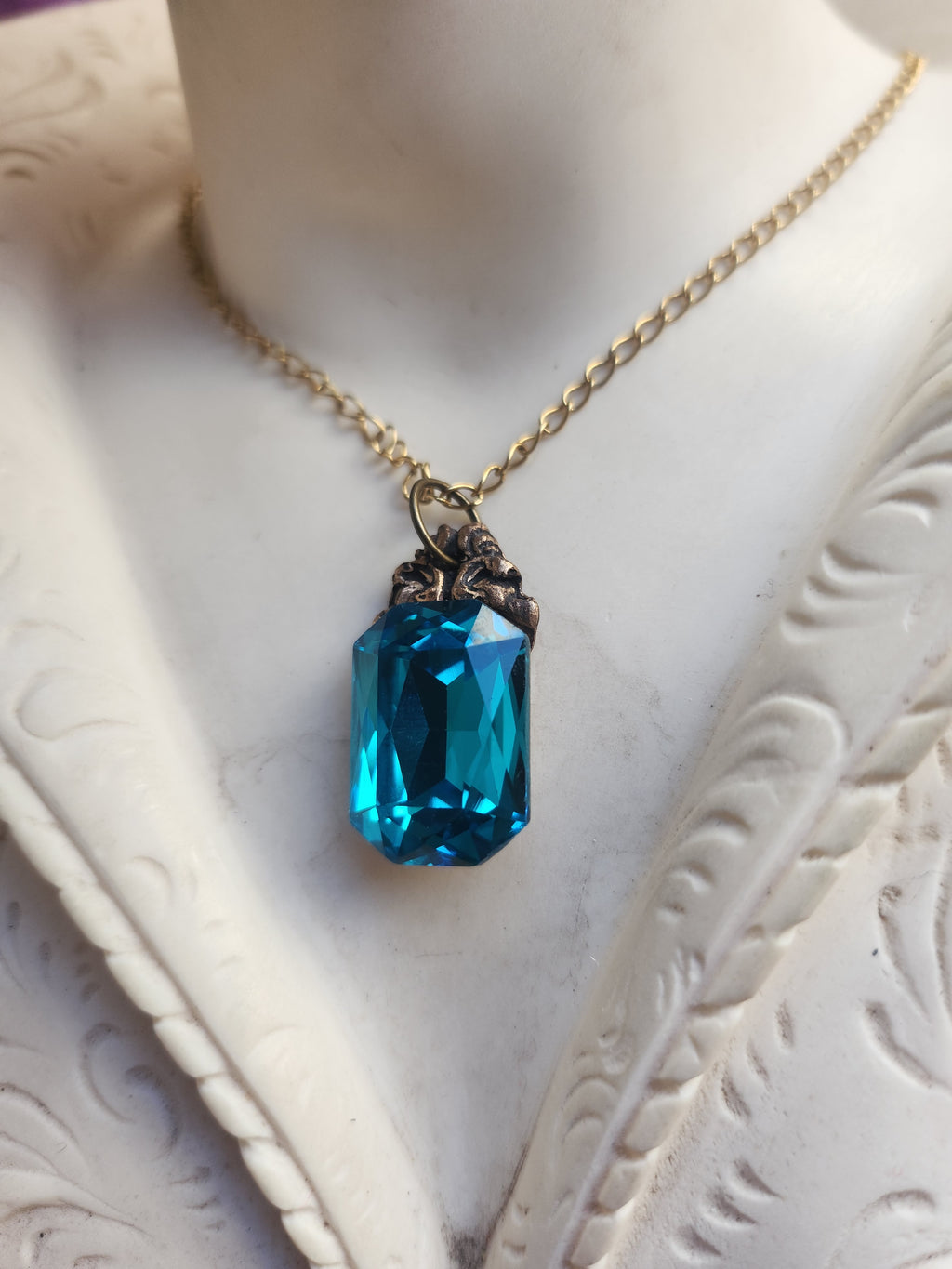 Arcane Resonance Collection – Handmade Bronze Pendant with Electric Blue Octagon Crystal