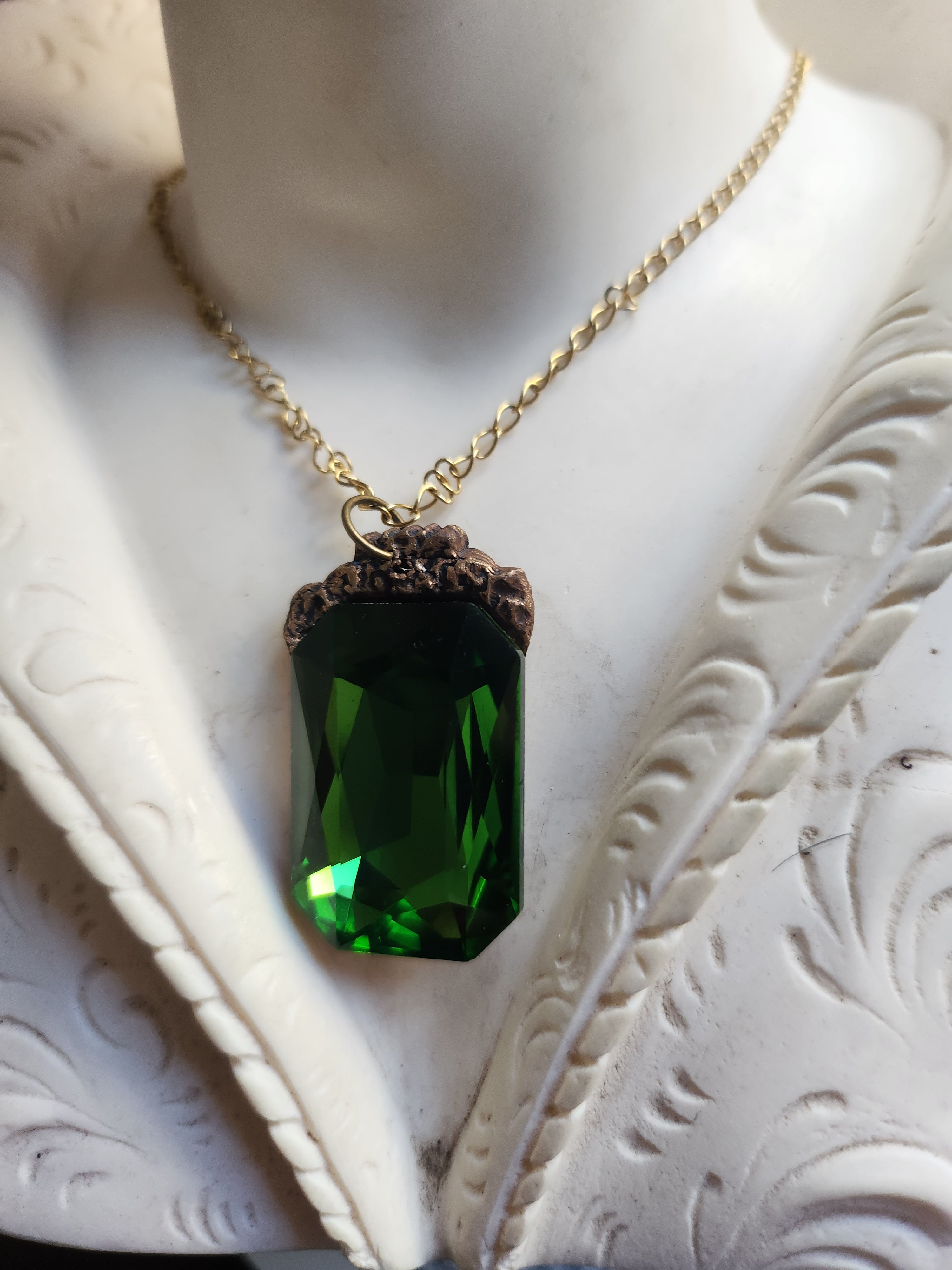Mystic Baroque Collection – Handmade Bronze Pendant with Green Octagon Crystal