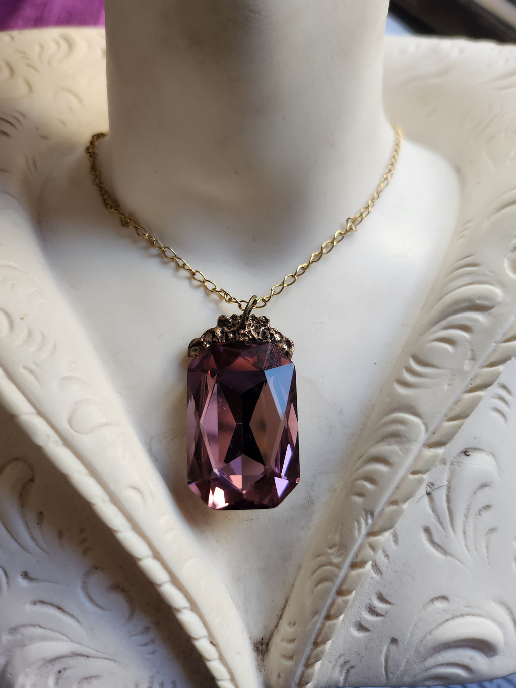 Mystic Baroque Collection – Handmade Bronze Pendant with Dusty Rose Octagon Crystal