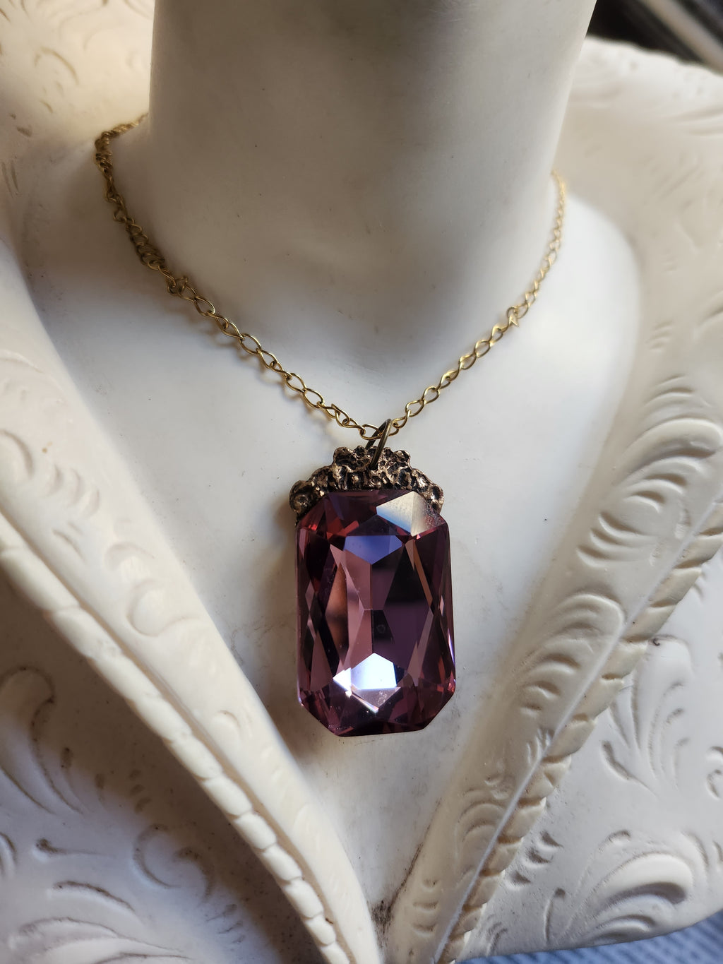 Mystic Baroque Collection – Handmade Bronze Pendant with Dusty Rose Octagon Crystal