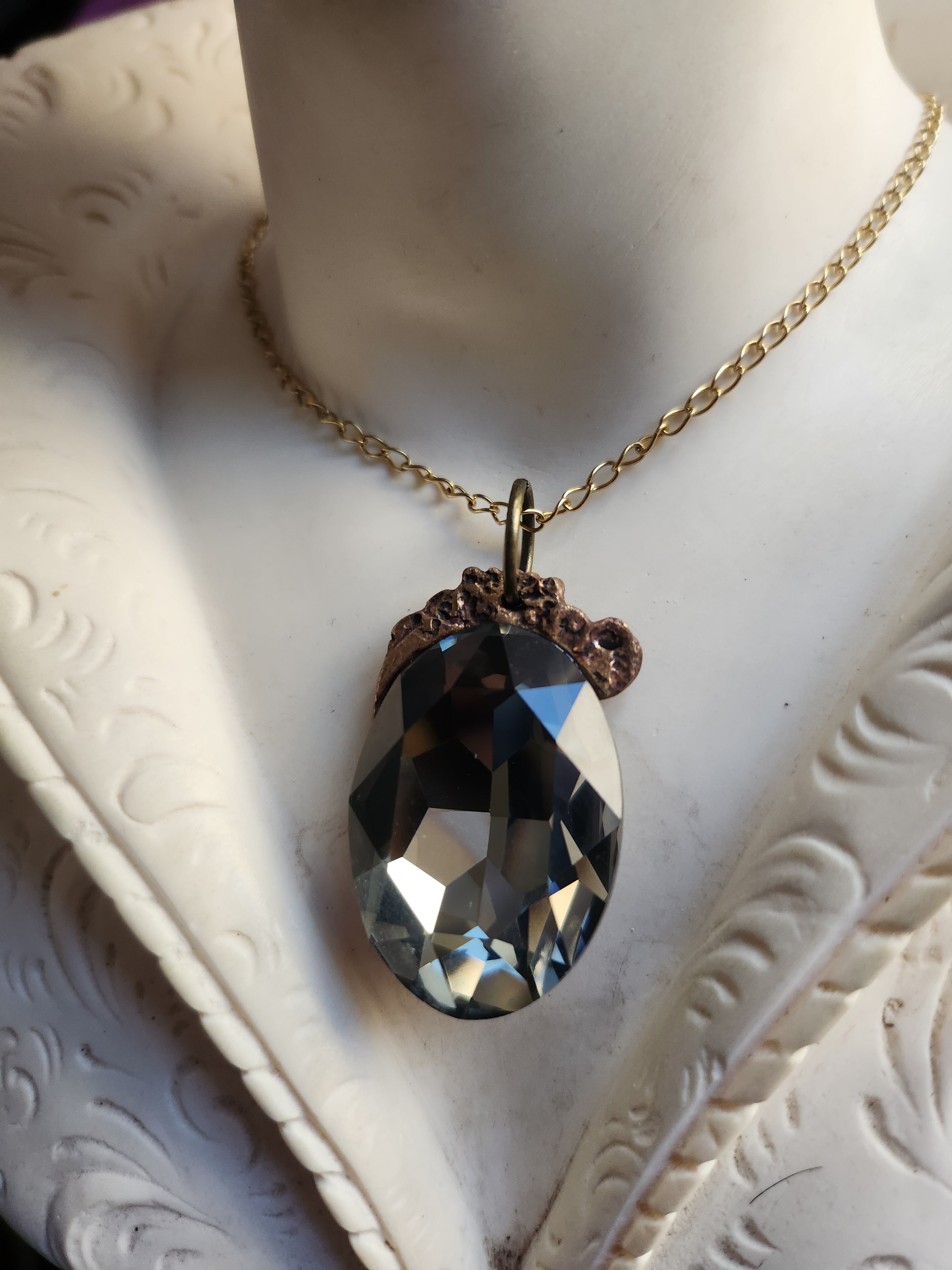 Mystic Baroque Collection – Handmade Bronze Pendant with Gray Oval Crystal