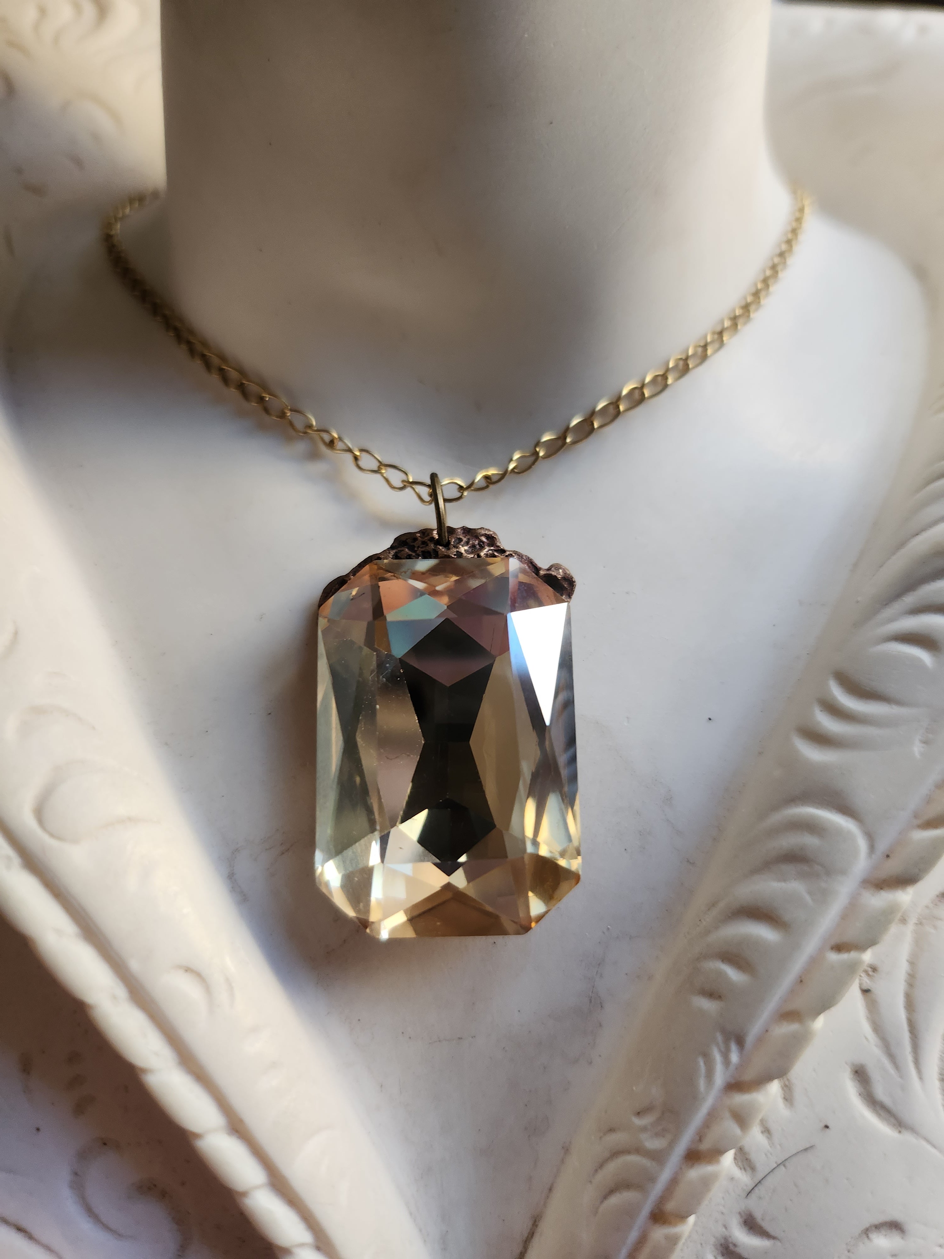 Mystic Baroque Collection – Handmade Bronze Pendant with Light Amber Octagon Crystal