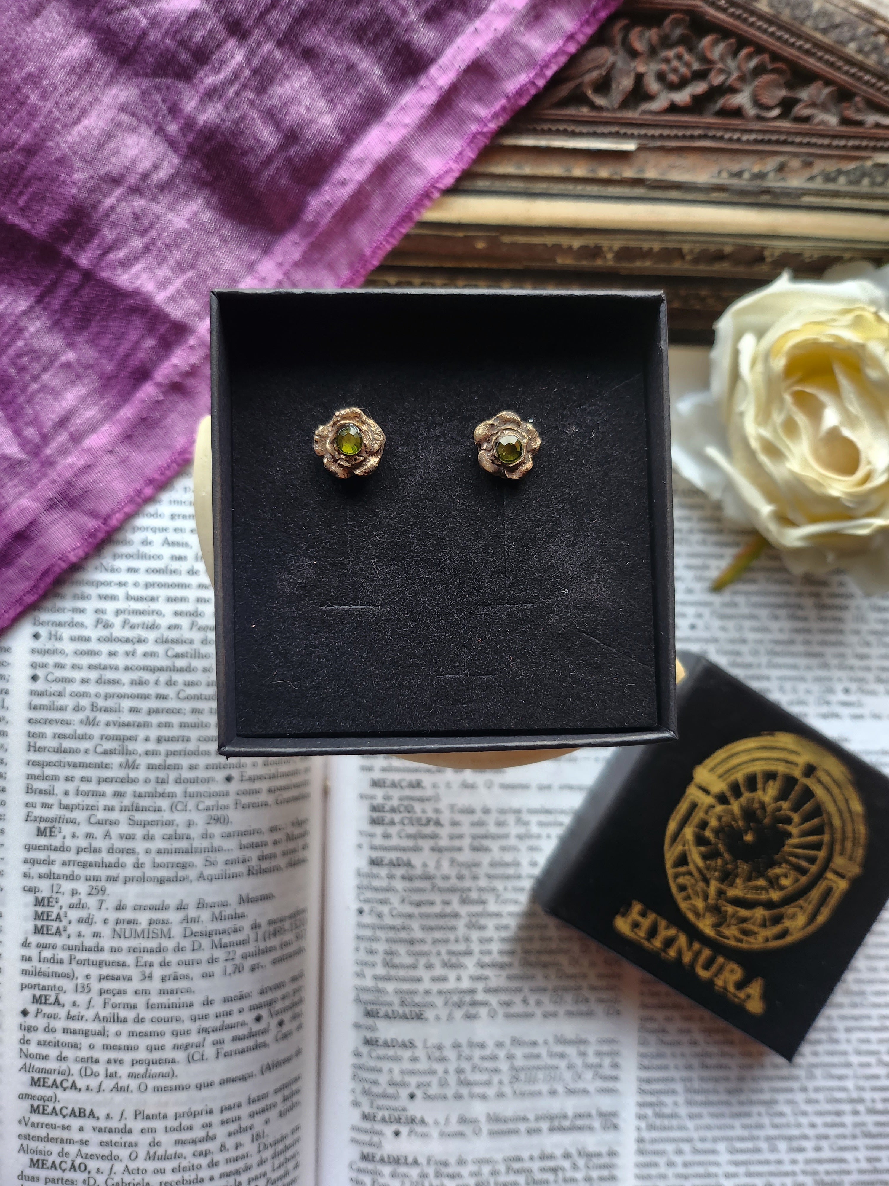 Rosarium Collection - Handmade Bronze Flower Stud Earrings with Green Crystal