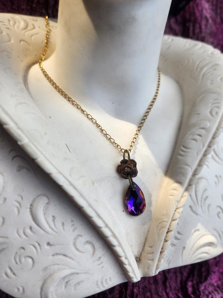 Rosarium Collection Collection - Handmade Bronze Rose Pendant with Fuchsia Crystal