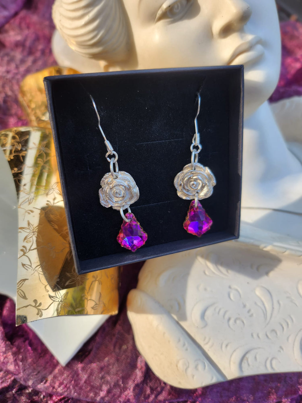 Rosarium Collection Collection - Handmade 999 Silver Rose Set with Fuchsia Crystal