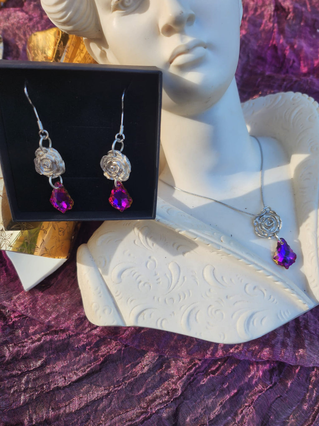Rosarium Collection Collection - Handmade 999 Silver Rose Set with Fuchsia Crystal