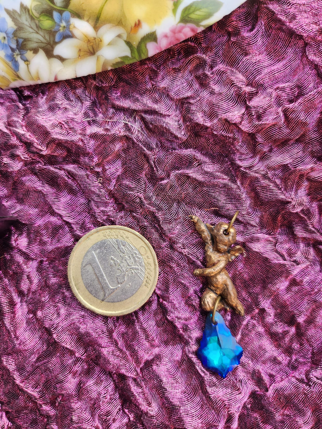 Echoes of Heaven Collection - Handmade Bronze Angel Pendant with Deep Sapphire Crystal