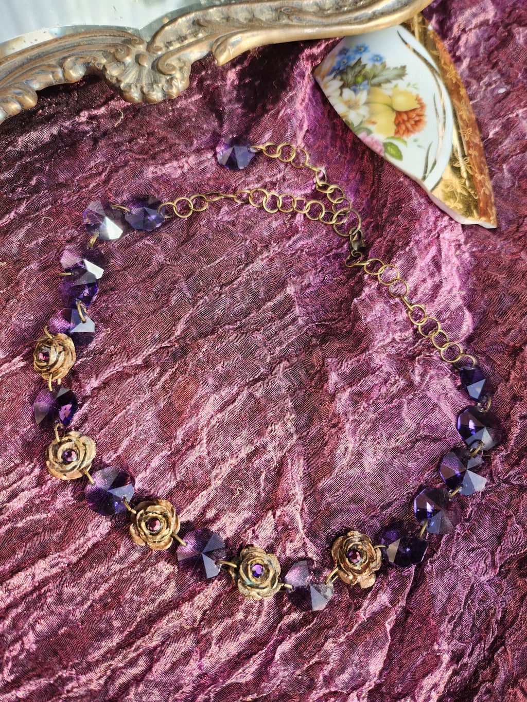 Rosarium Collection - Handmade Bronze Necklace with Purple Crystals & Floral Accents