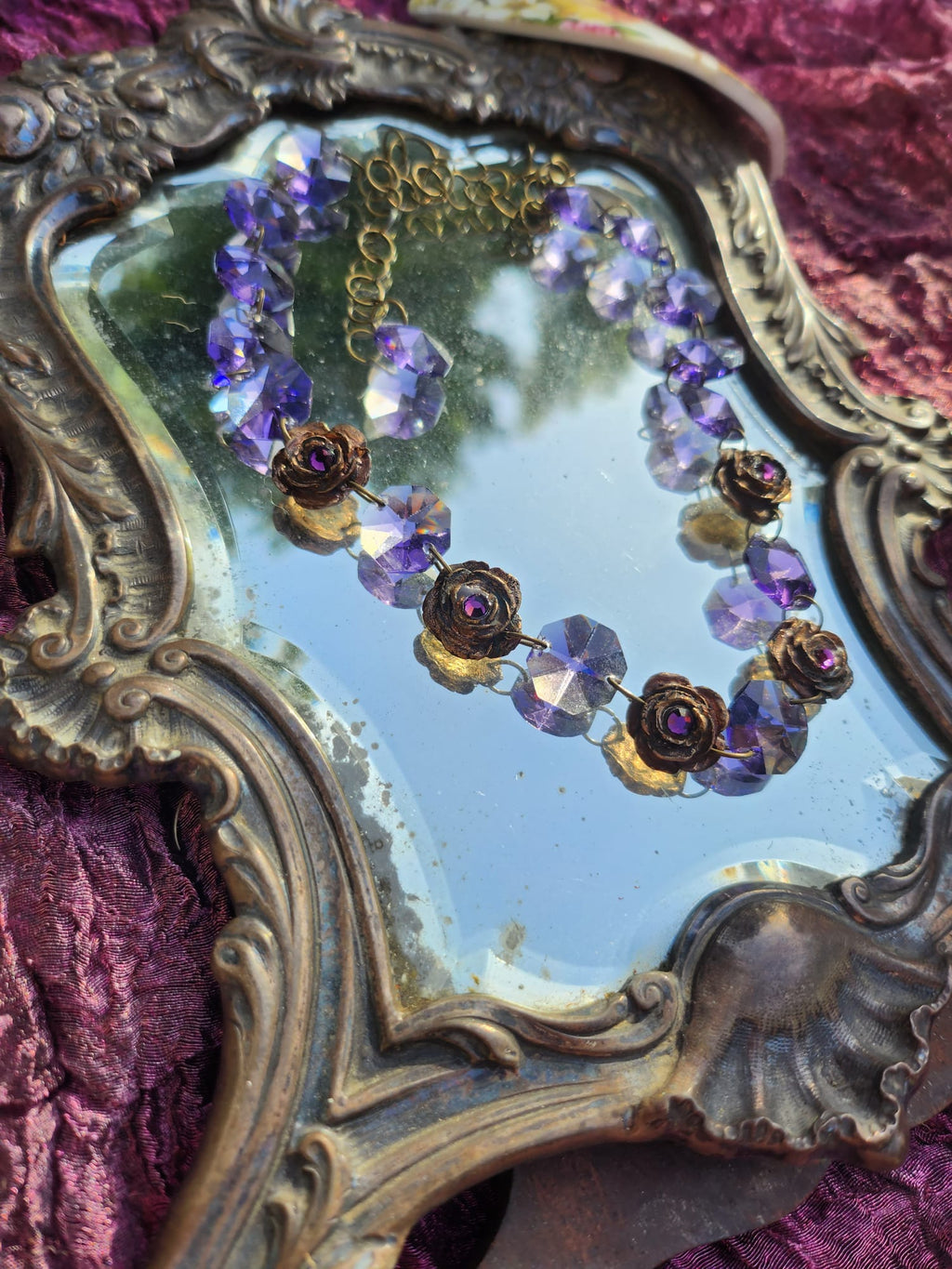 Rosarium Collection - Handmade Bronze Necklace with Purple Crystals & Floral Accents