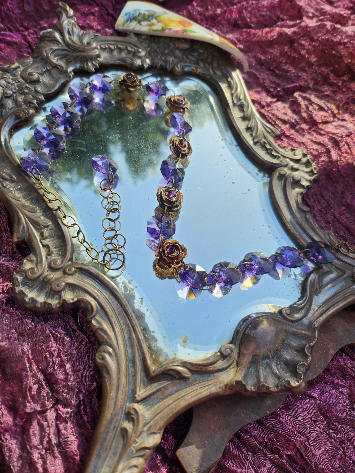 Rosarium Collection - Handmade Bronze Necklace with Purple Crystals & Floral Accents
