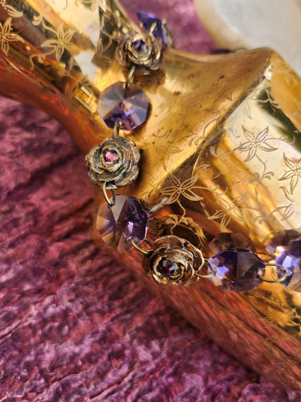Rosarium Collection - Handmade Bronze Necklace with Purple Crystals & Floral Accents
