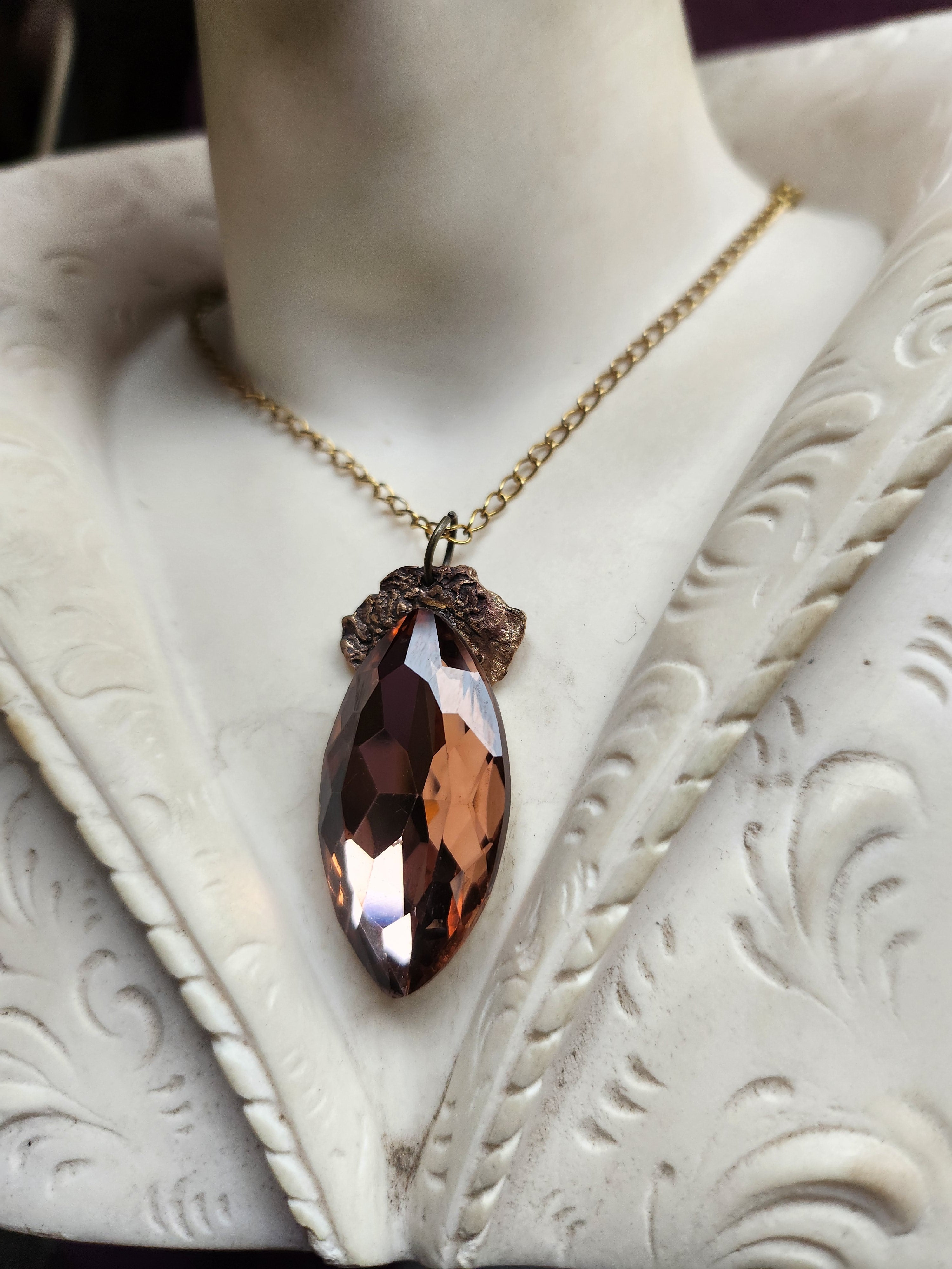 Mystic Baroque Collection - Handmade Bronze Pendant with Light Brown Crystal Navette