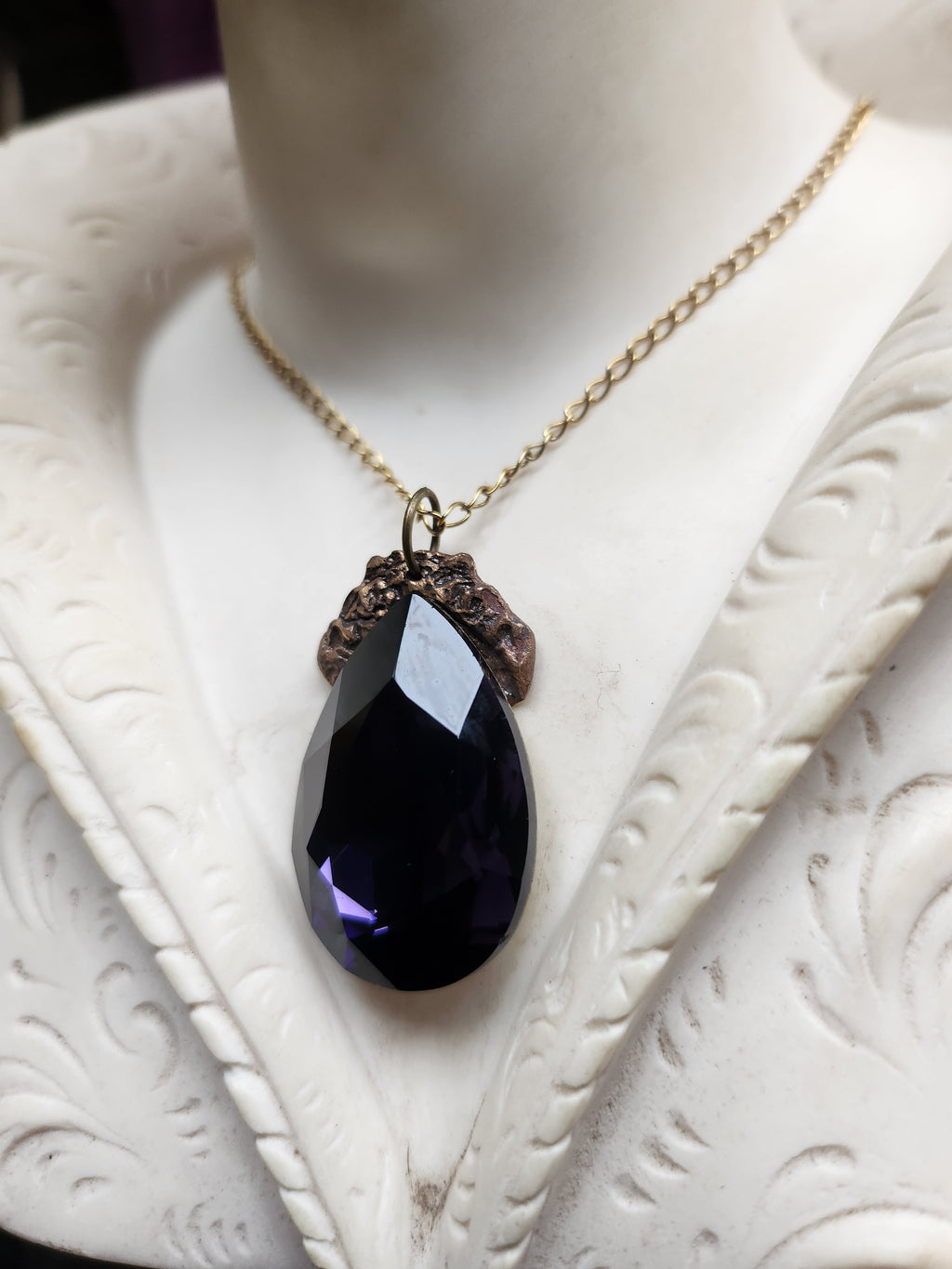 Mystic Baroque Collection - Handmade Bronze Pendant with Purple Teardrop Crystal