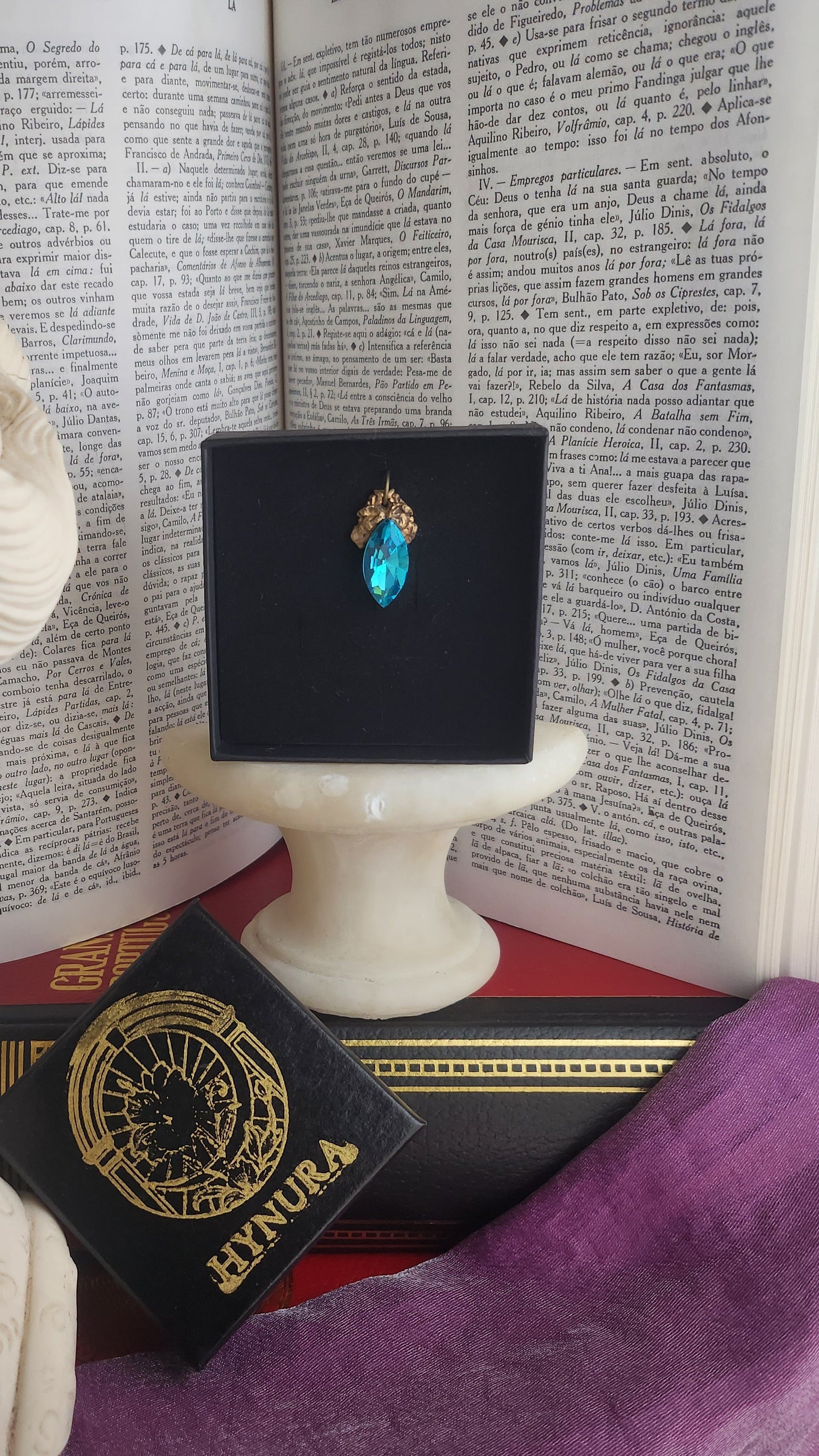 Arcane Resonance Collection – Handmade Bronze Pendant with Electric Blue Navette Crystal