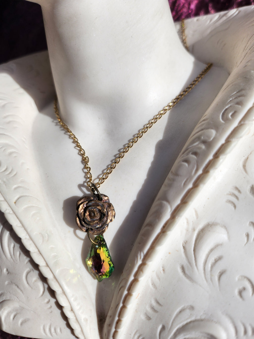 Rosarium Collection - Handmade Bronze Rose Pendant with Green and Pink Crystal