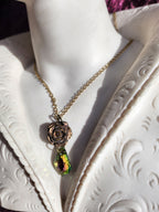 Rosarium Collection - Handmade Bronze Rose Pendant with Green and Pink Crystal