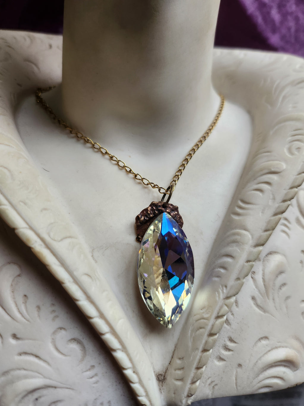 Mystic Baroque Collection - Handmade Bronze Pendant with Aurora Crystal Navette