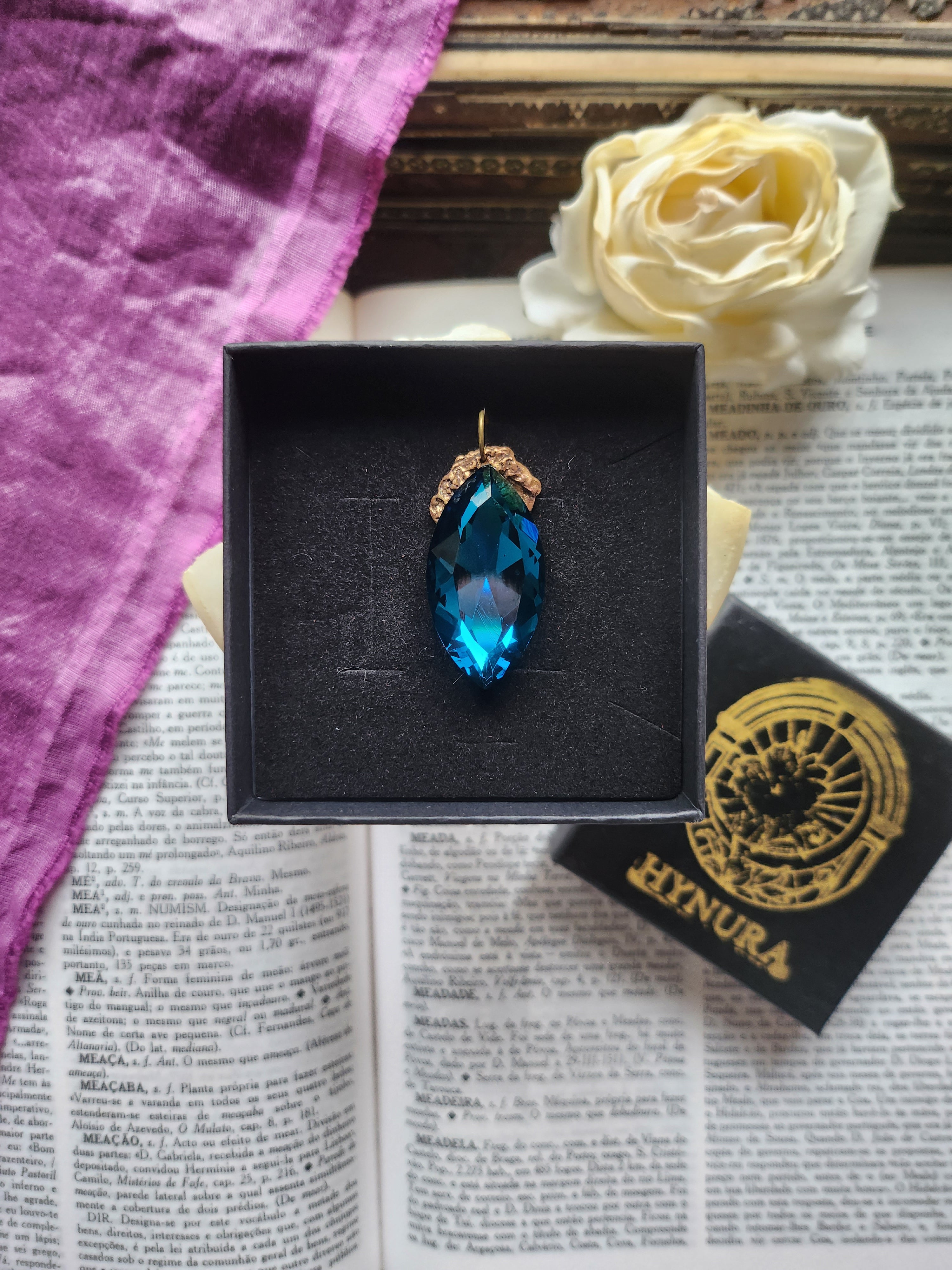 Mystic Baroque Collection - Handmade Bronze Pendant with Blue Crystal Navette