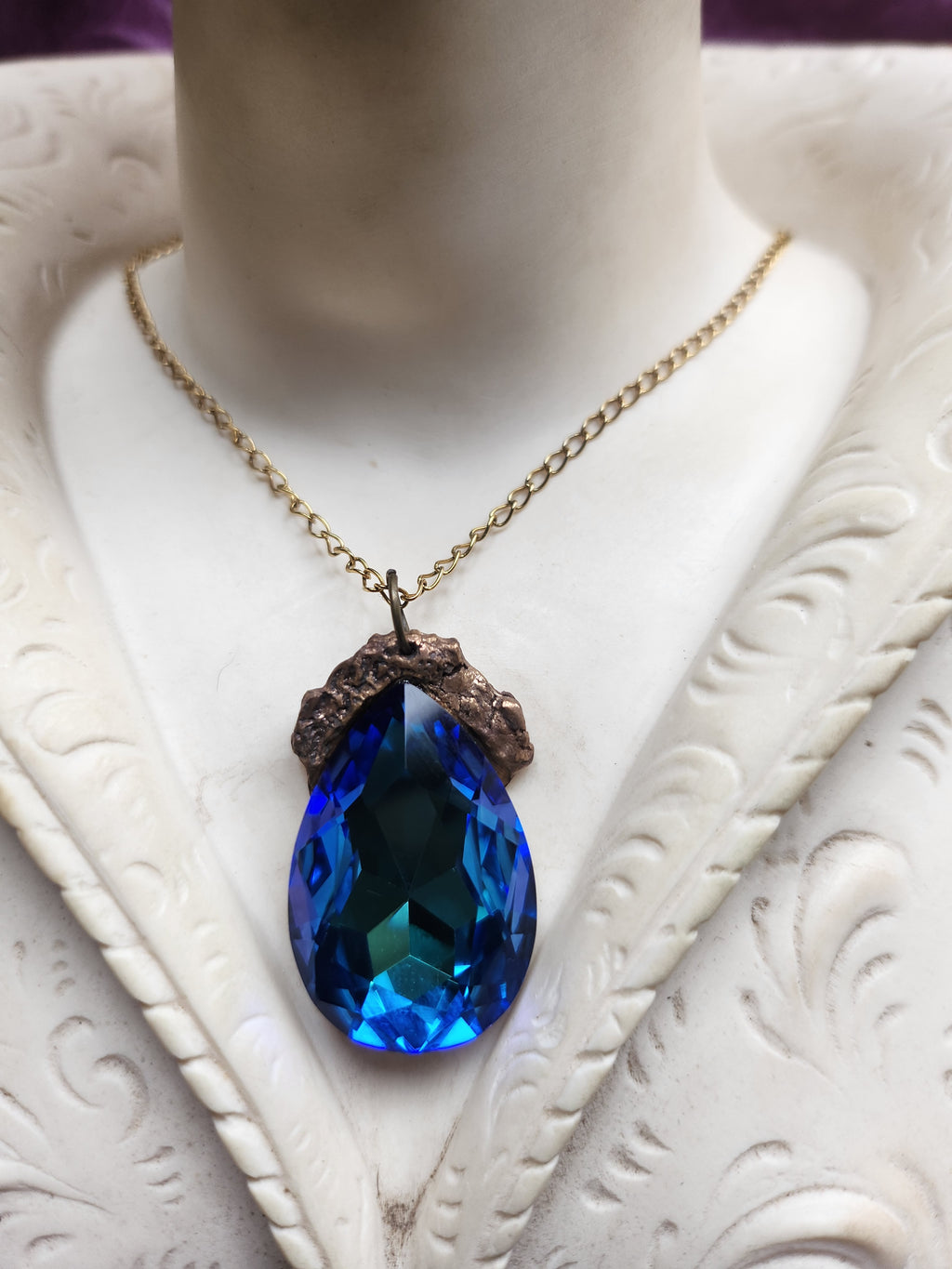 Mystic Baroque Collection - Handmade Bronze Pendant with Electric Blue Teardrop Crystal
