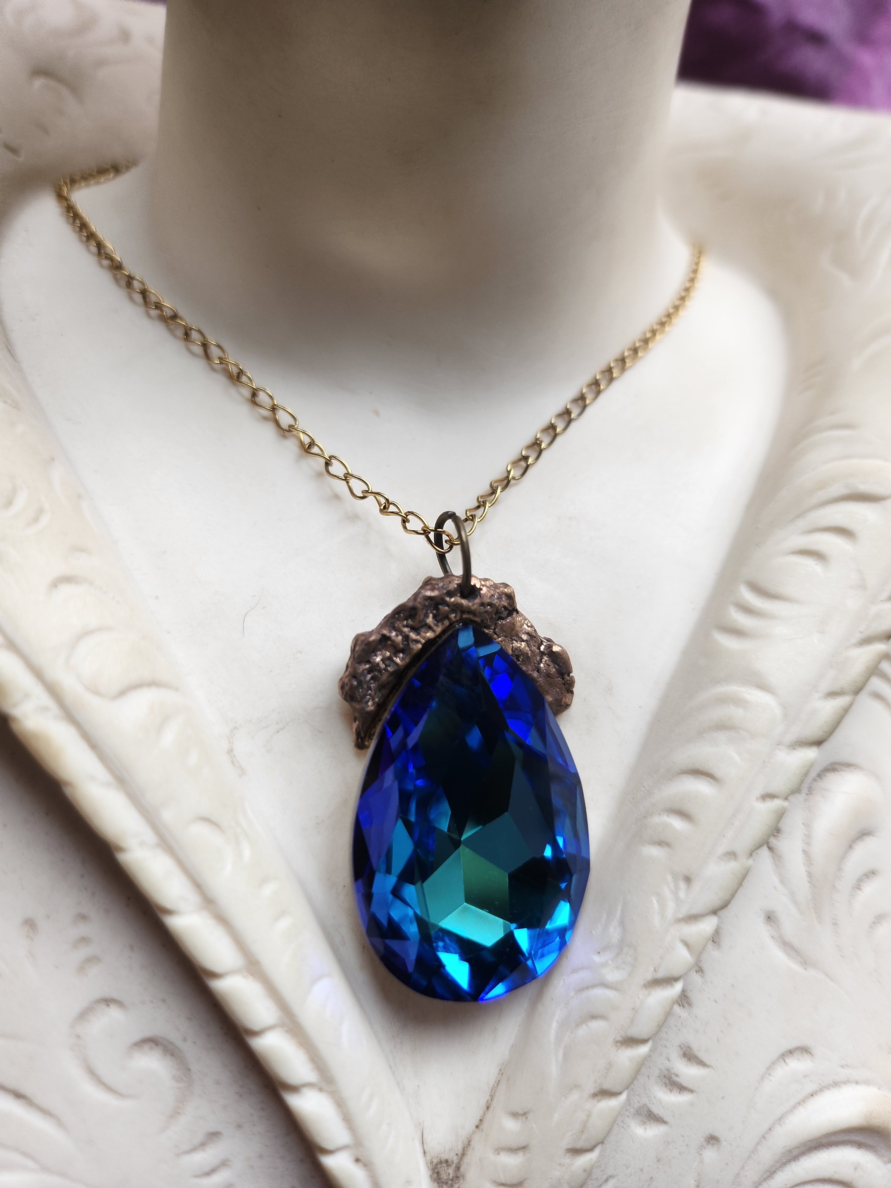 Mystic Baroque Collection - Handmade Bronze Pendant with Electric Blue Teardrop Crystal