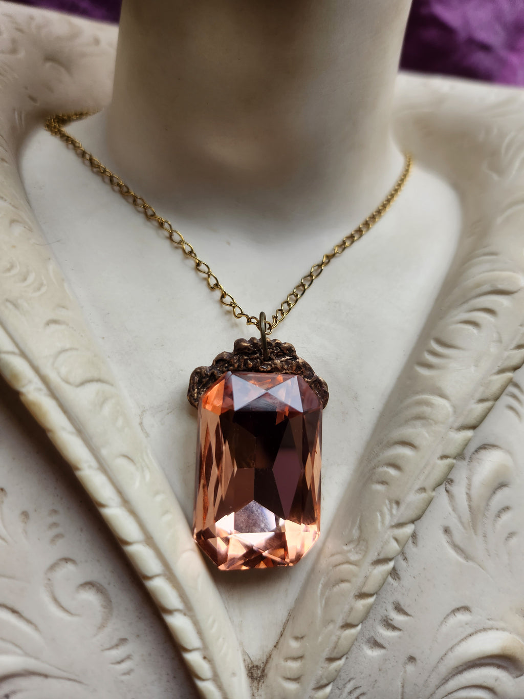 Mystic Baroque Collection - Handmade Bronze Pendant with Salmon Octagon Crystal
