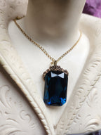 Mystic Baroque Collection - Handmade Bronze Pendant with Deep Blue Octagon Crystal