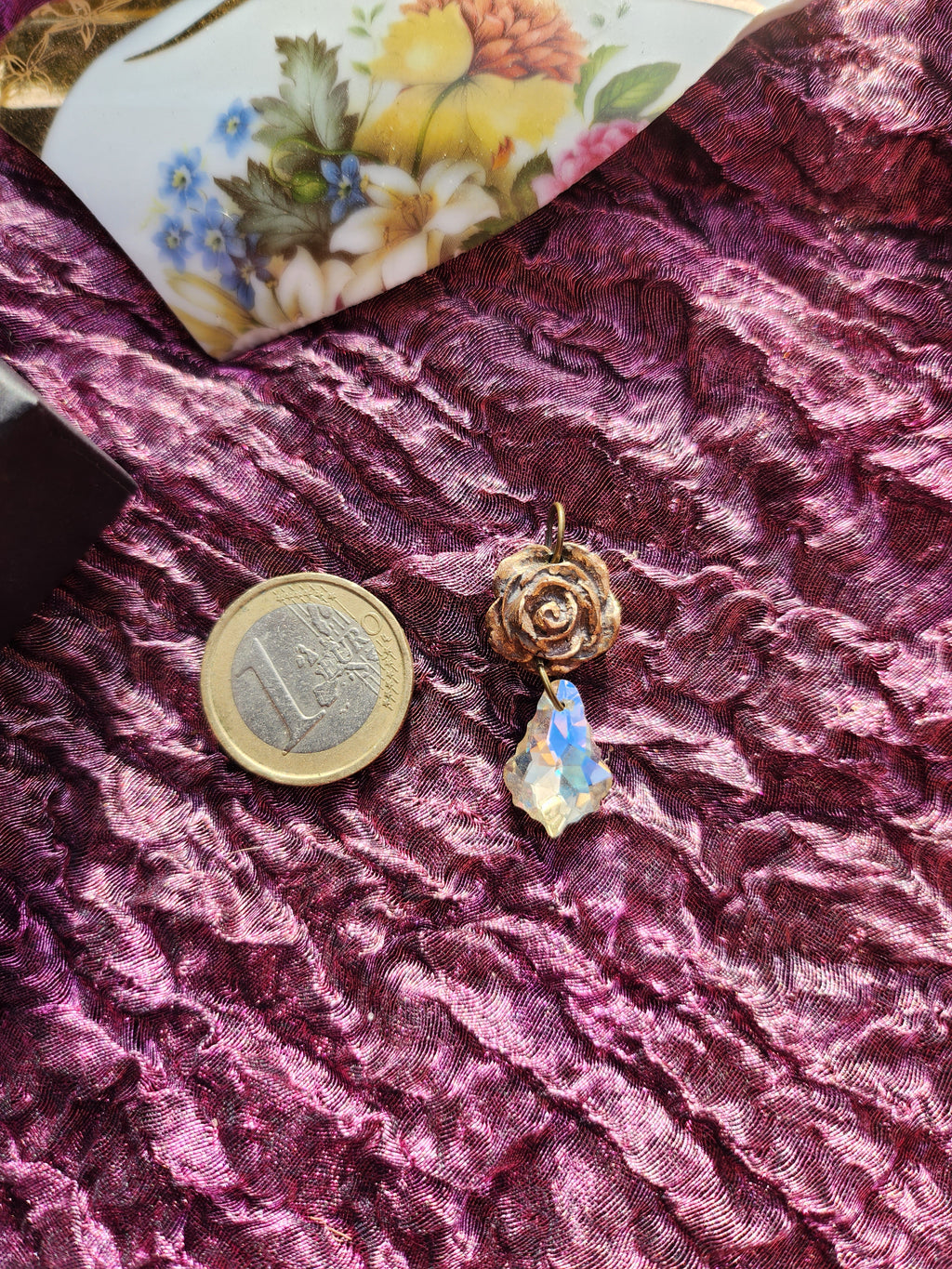 Rosarium Collection Collection - Handmade Bronze Rose Pendant with White Crystal