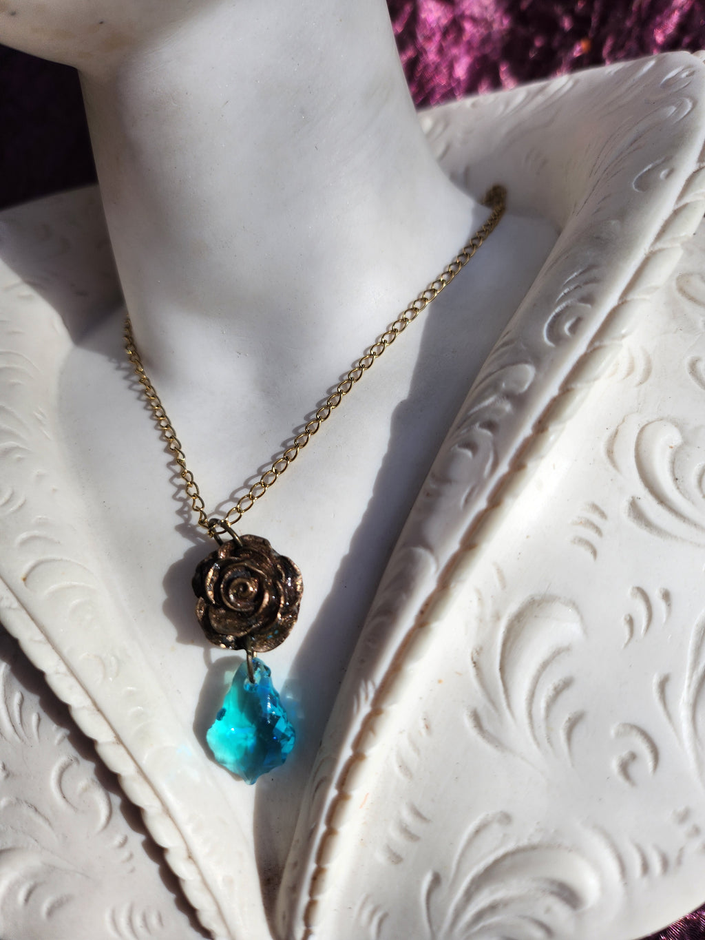 Rosarium Collection Collection - Handmade Bronze Rose Pendant with Light Blue Crystal