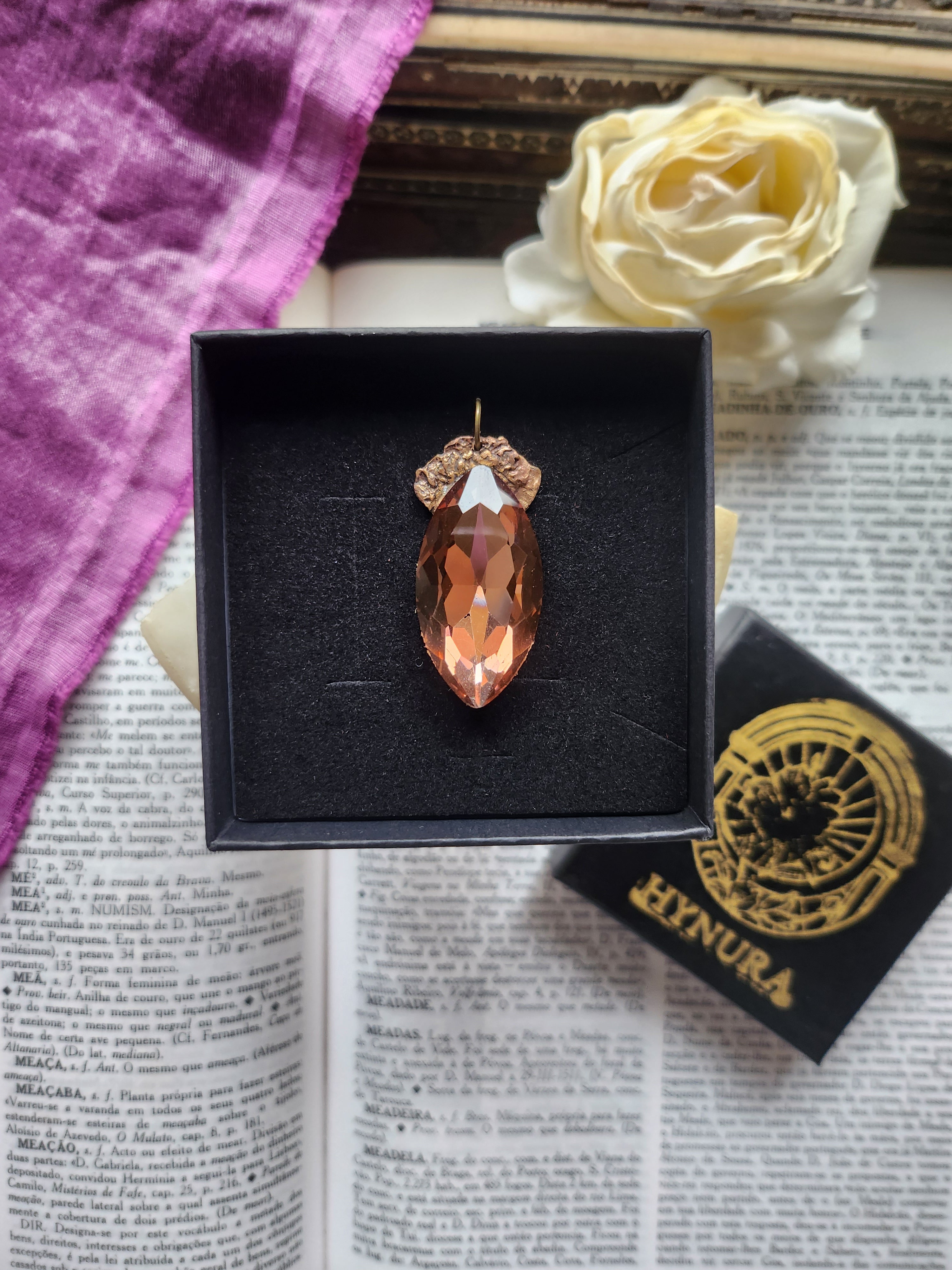 Mystic Baroque Collection - Handmade Bronze Pendant with Light Brown Crystal Navette