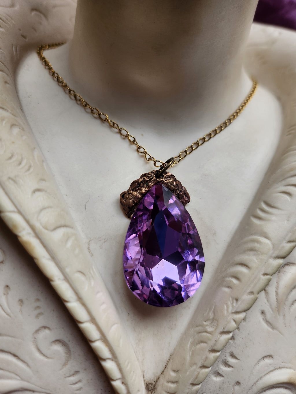 Mystic Baroque Collection - Handmade Bronze Pendant with Lavender Teardrop Crystal