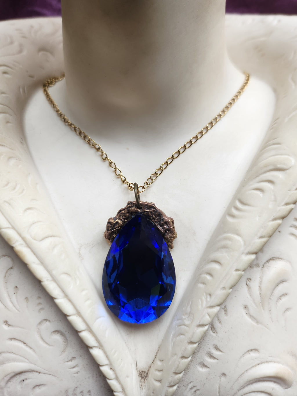 Mystic Baroque Collection - Handmade Bronze Pendant with Royal Blue Teardrop Crystal