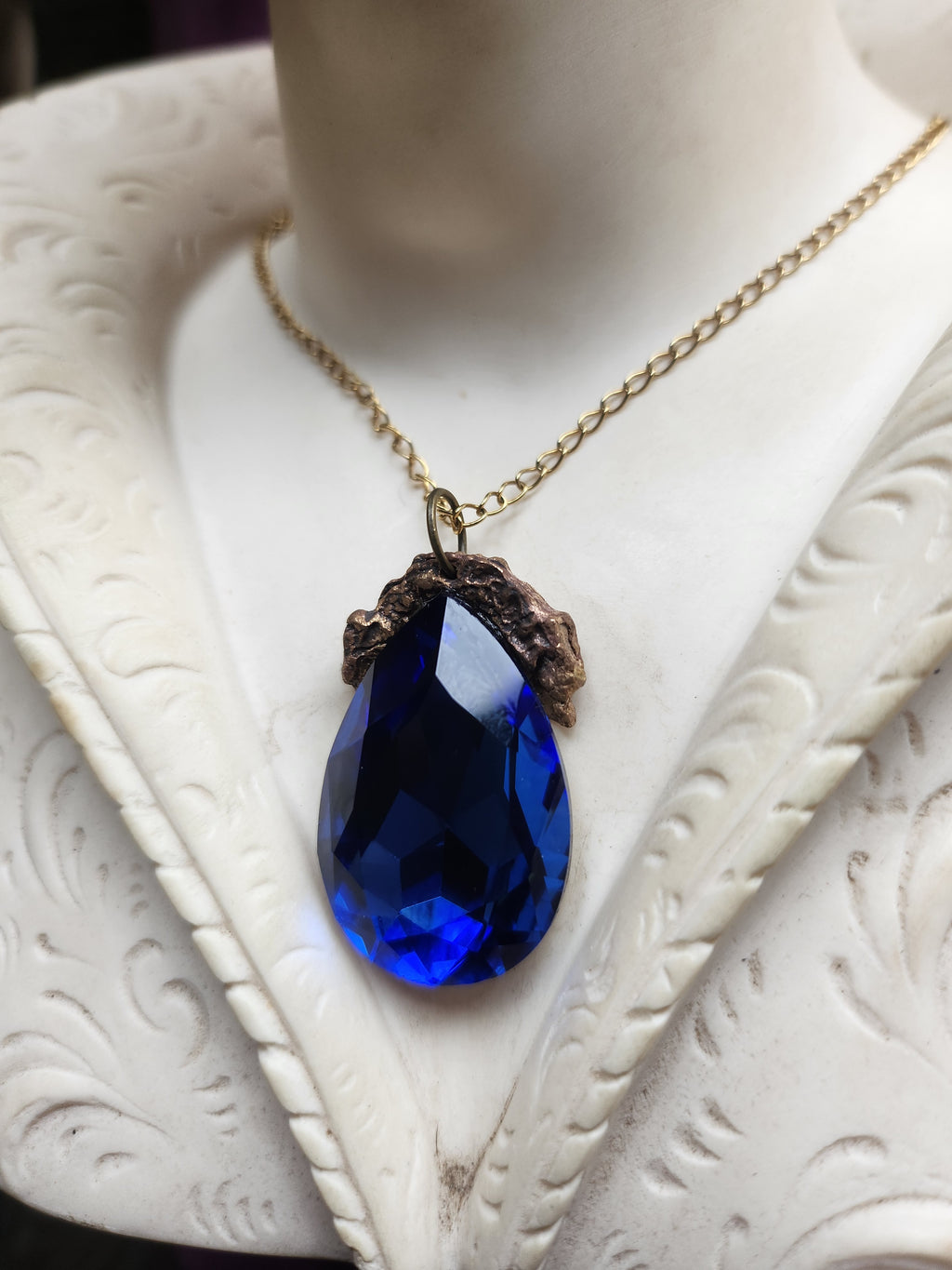 Mystic Baroque Collection - Handmade Bronze Pendant with Royal Blue Teardrop Crystal