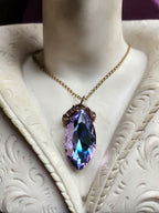 Mystic Baroque Collection - Handmade Bronze Pendant with Blue and Pink Crystal Navette