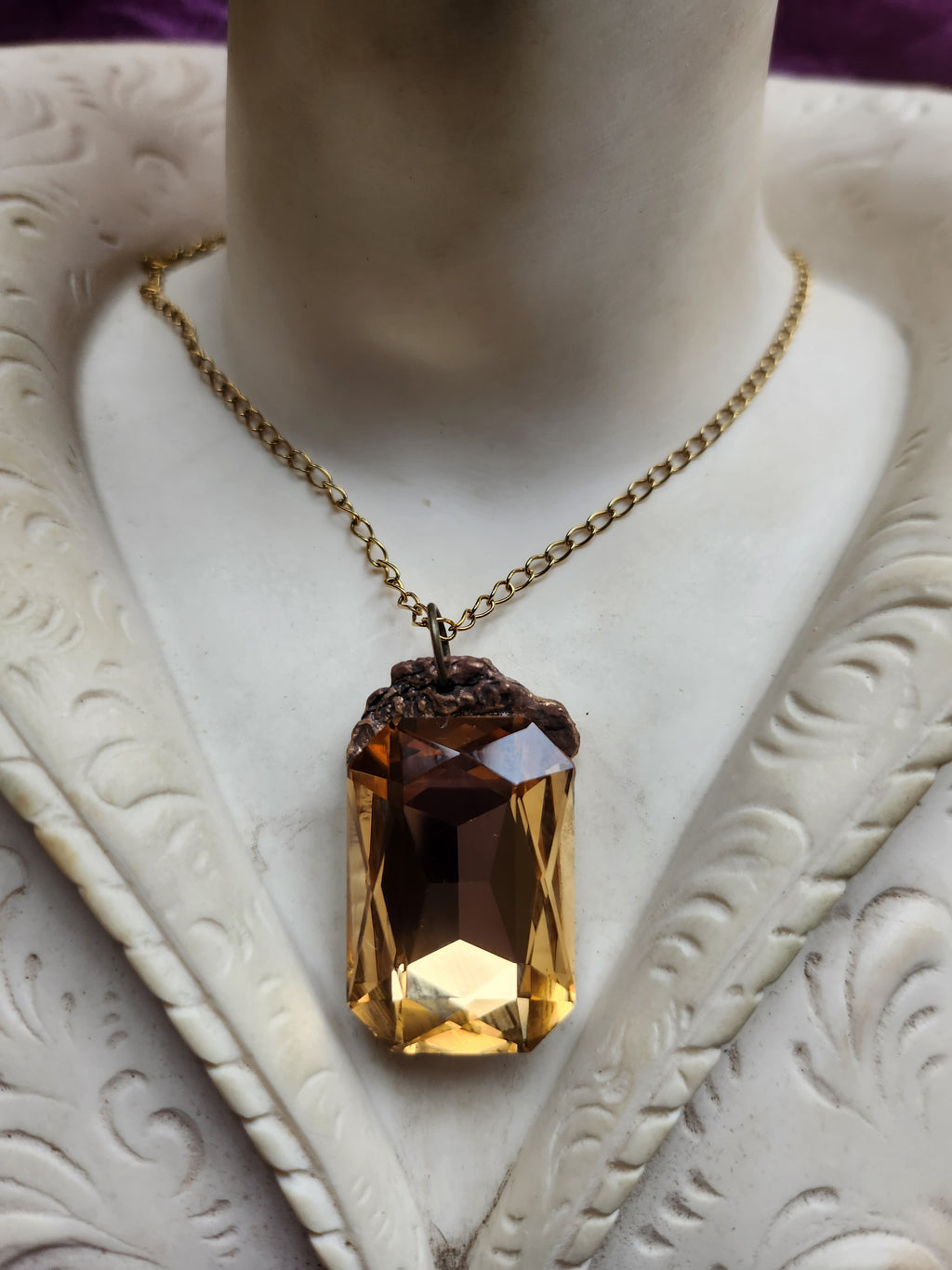 Mystic Baroque Collection - Handmade Bronze Pendant with Light Golden Octagon Crystal