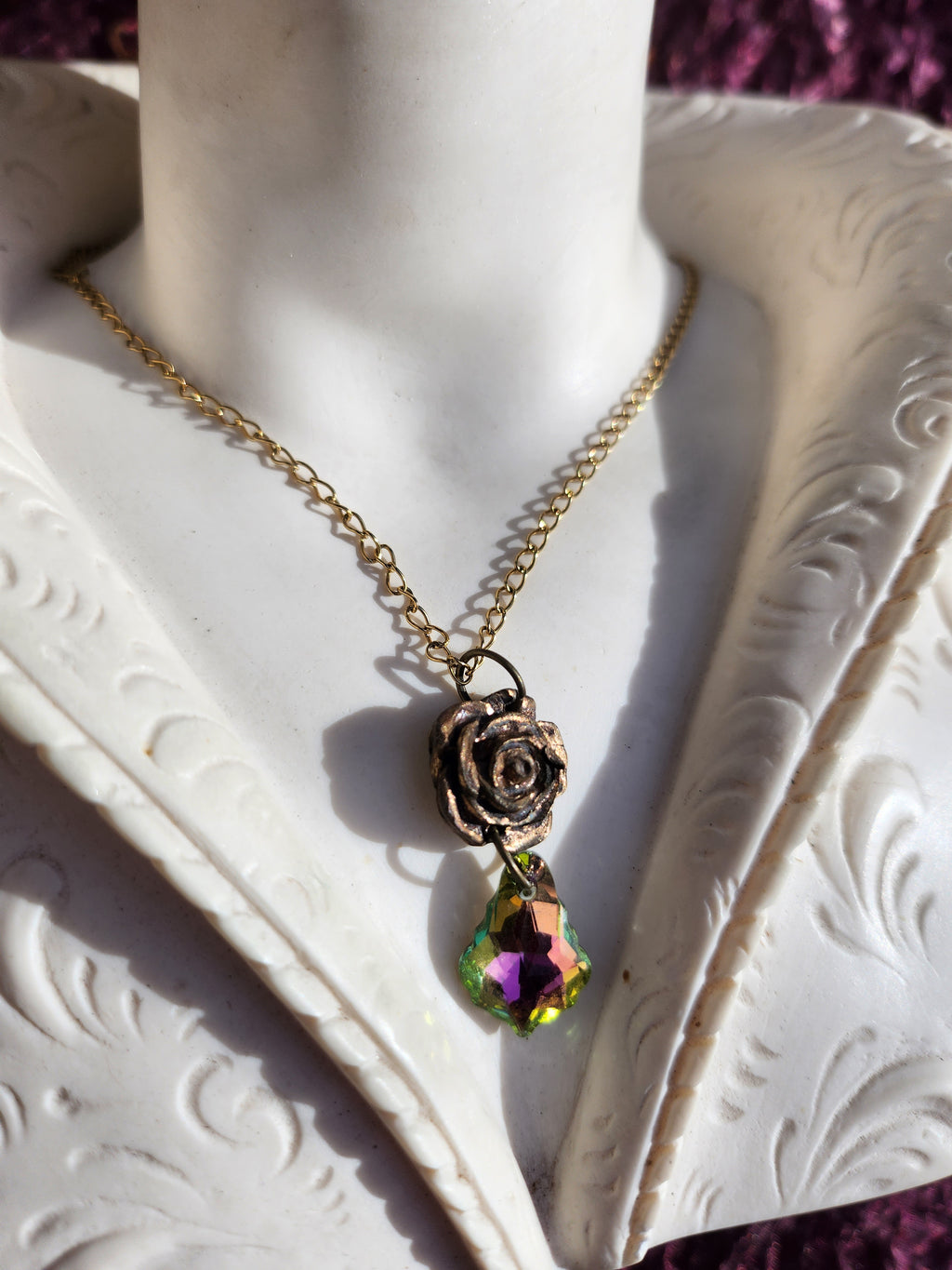 Rosarium Collection - Handmade Bronze Rose Pendant with Green and Pink Crystal