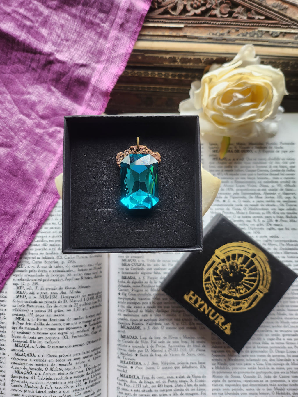 Mystic Baroque Collection - Handmade Bronze Pendant with Electric Blue Octagon Crystal