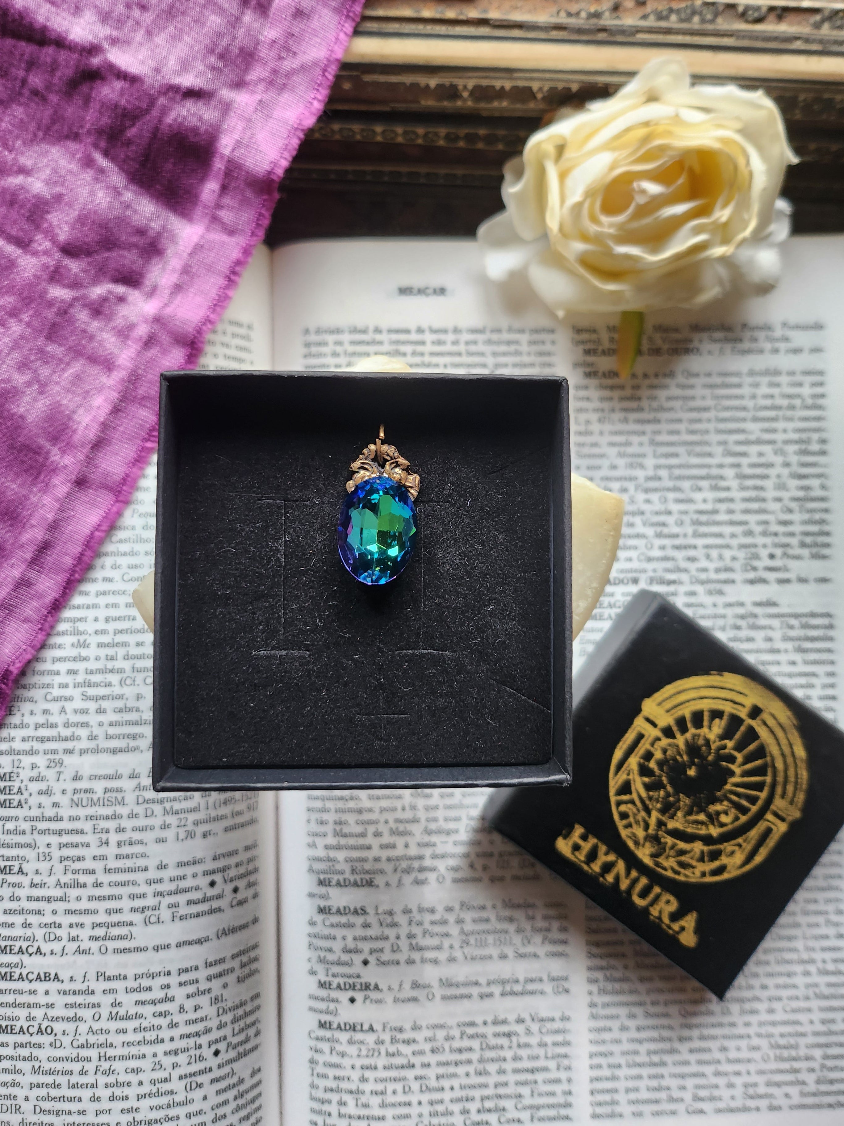 Arcane Resonance Collection – Small Handmade Bronze Pendant with Blue and Green Oval Crystal