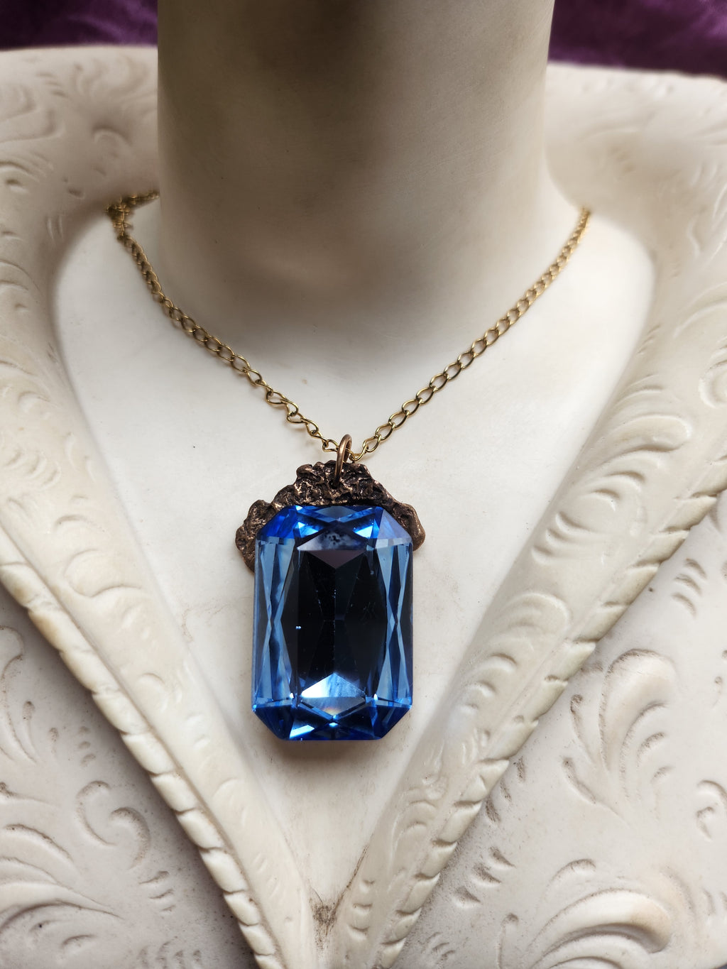 Mystic Baroque Collection - Handmade Bronze Pendant with Light Blue Octagon Crystal