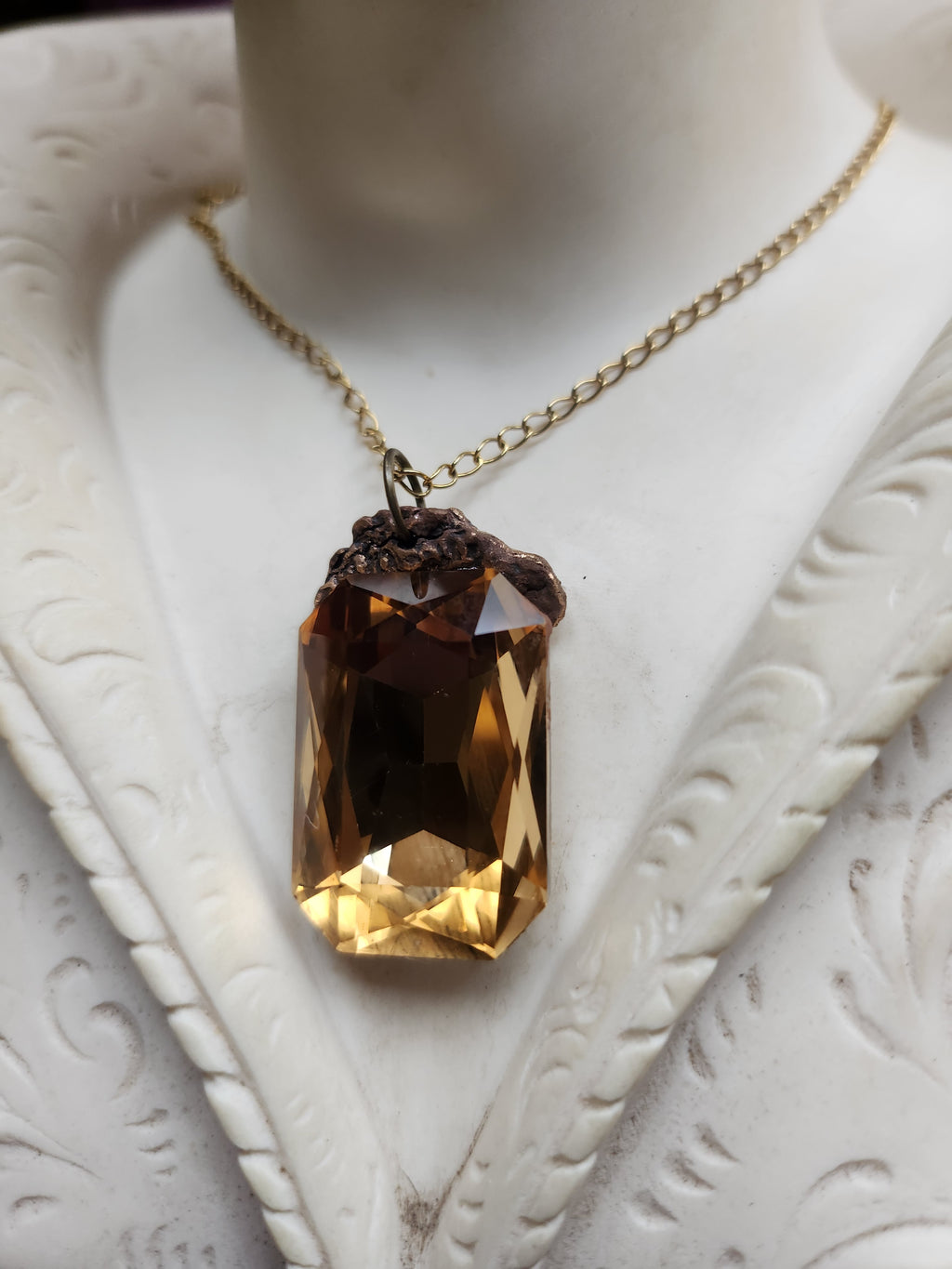 Mystic Baroque Collection - Handmade Bronze Pendant with Light Golden Octagon Crystal